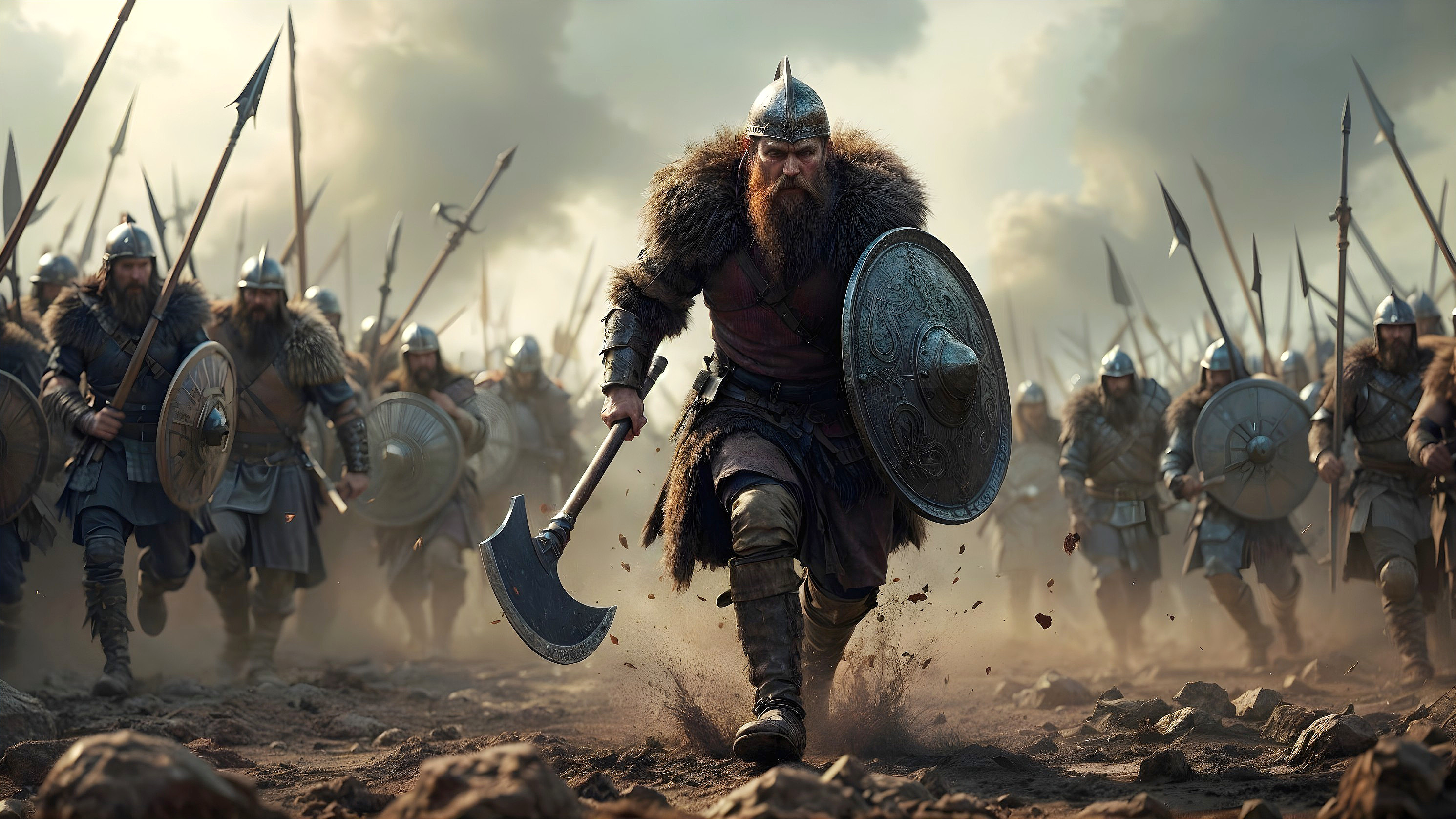 Warrior Leading Charge on Dusty Battlefield with Soldiers