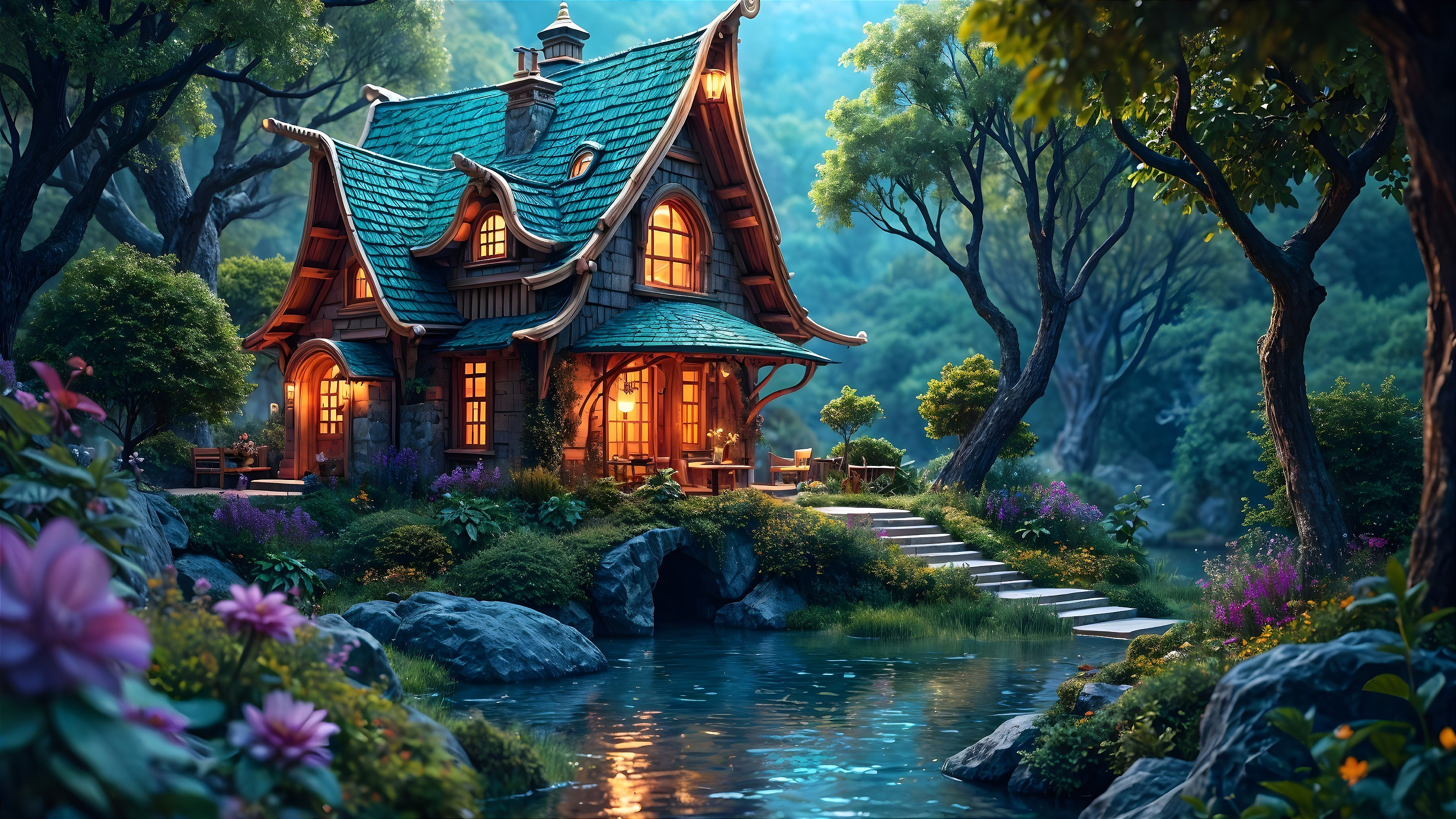 Whimsical Cottage by a Serene Reflective Pond