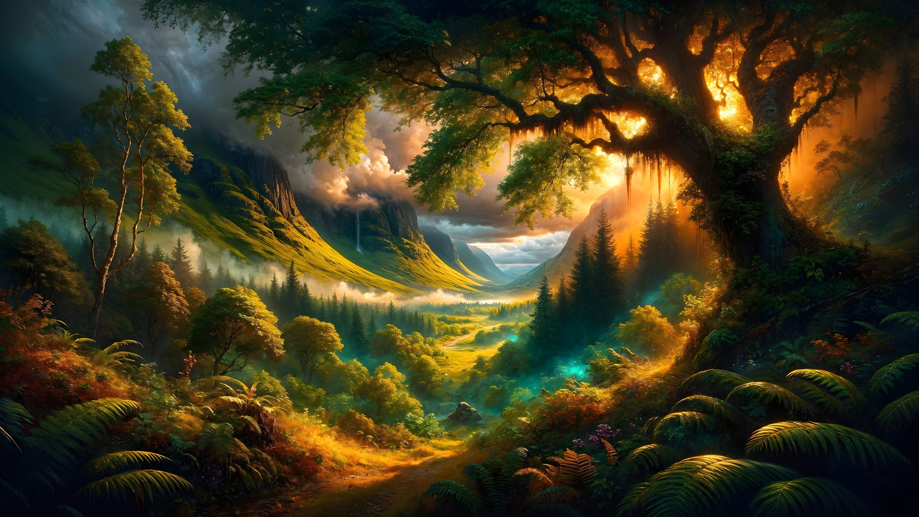 Majestic Valley Landscape Surrounded by Towering Mountains