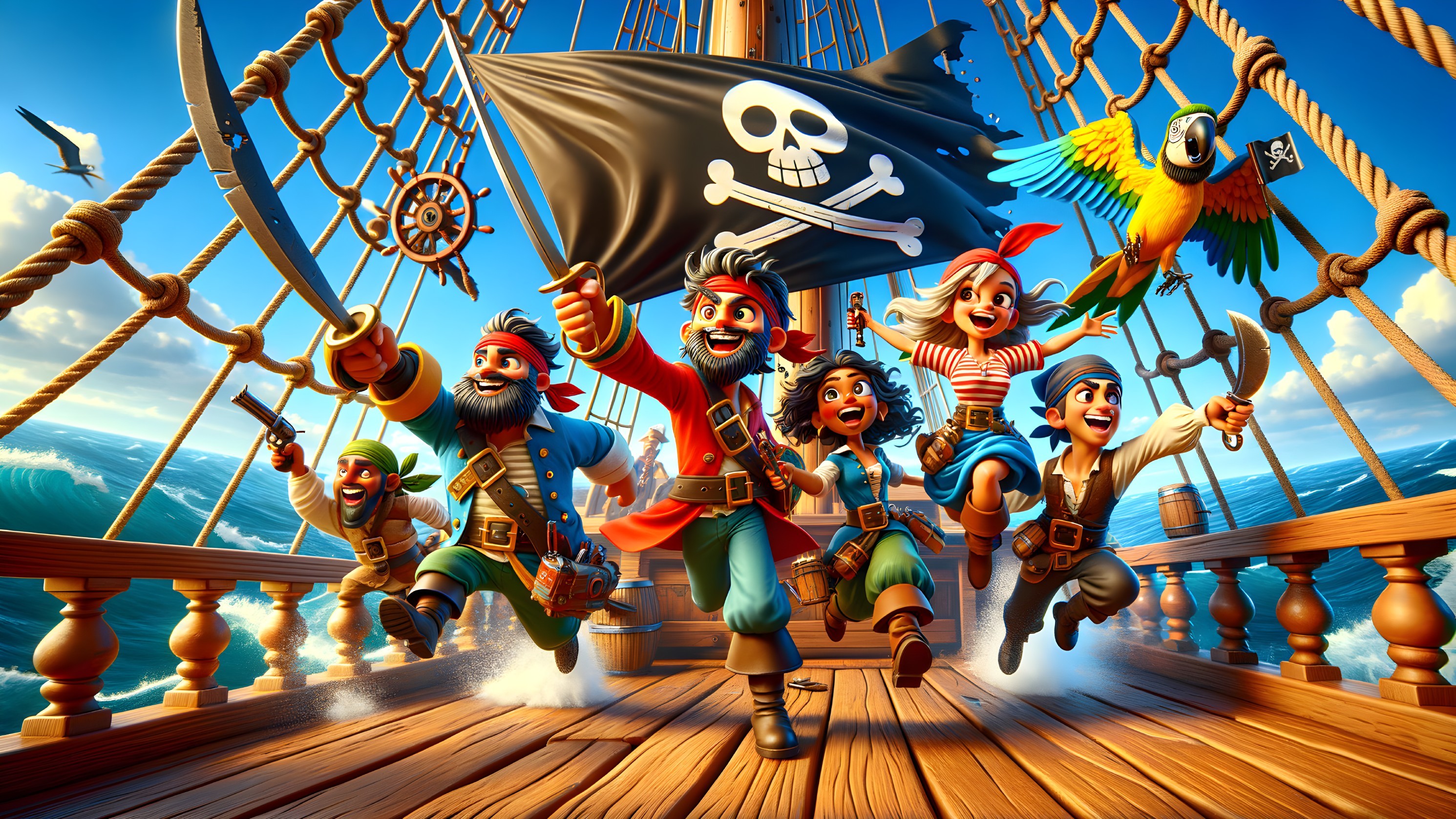 Animated Pirates Running on Ship Deck with Parrot