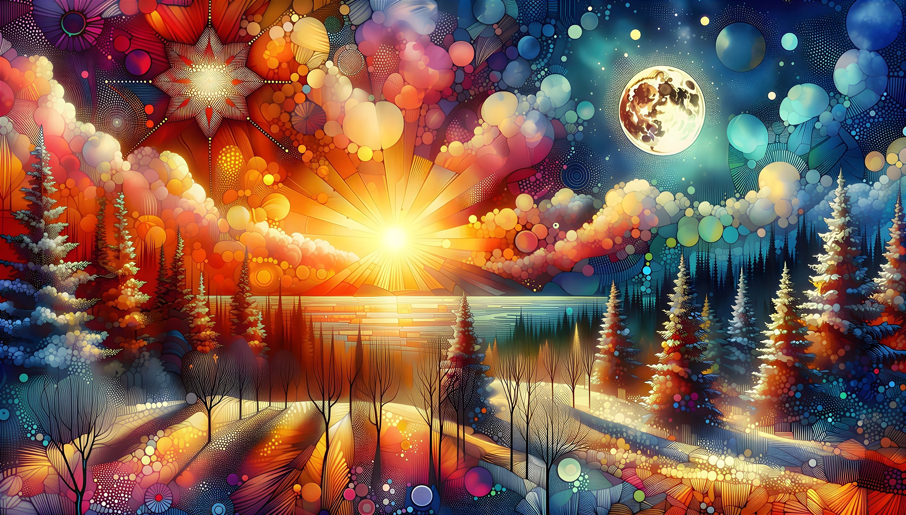 Surreal Stained-Glass Landscape with Sunset and Night Sky