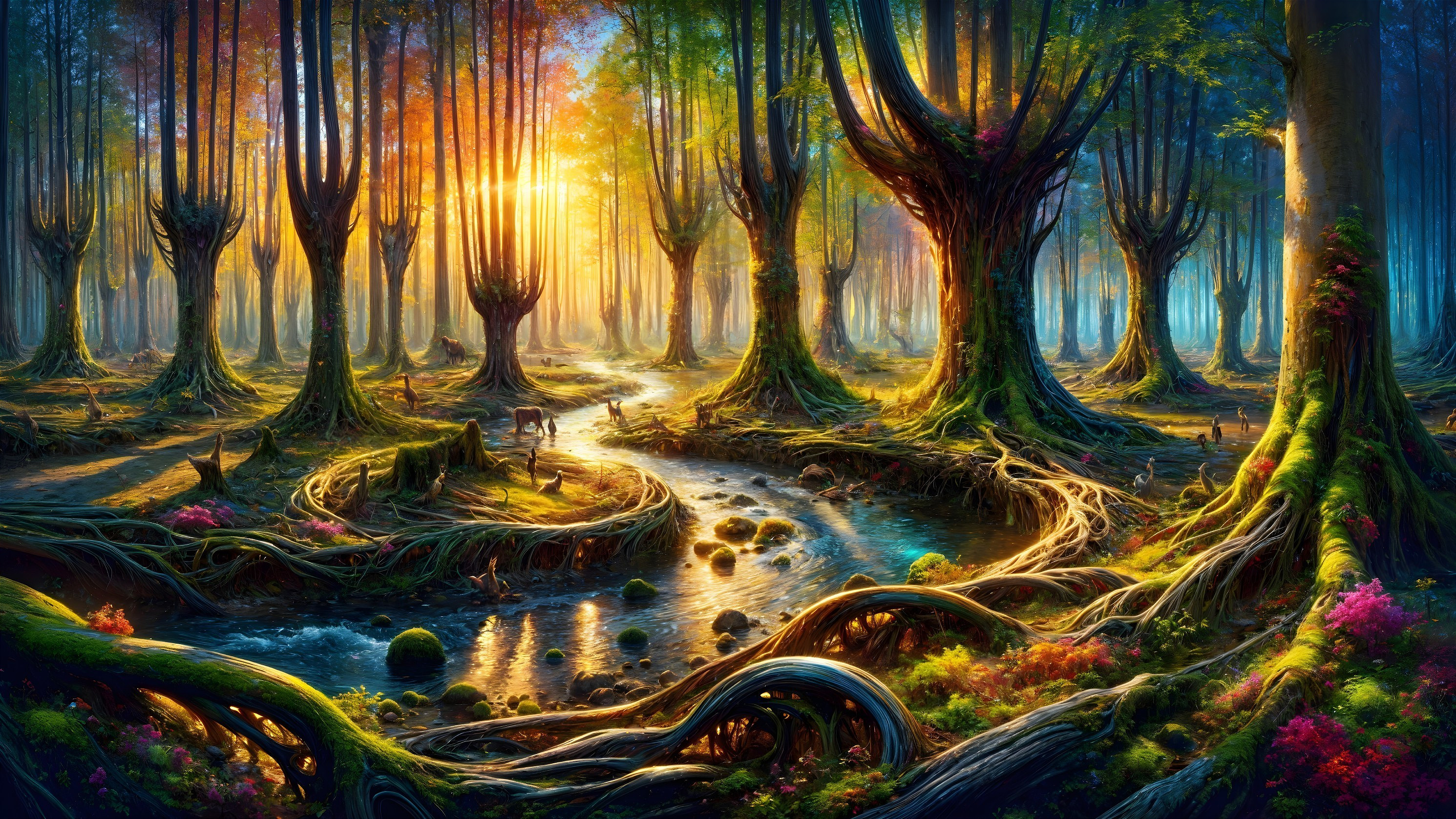 Mystical Forest with Sunlit Trees and Serene Stream
