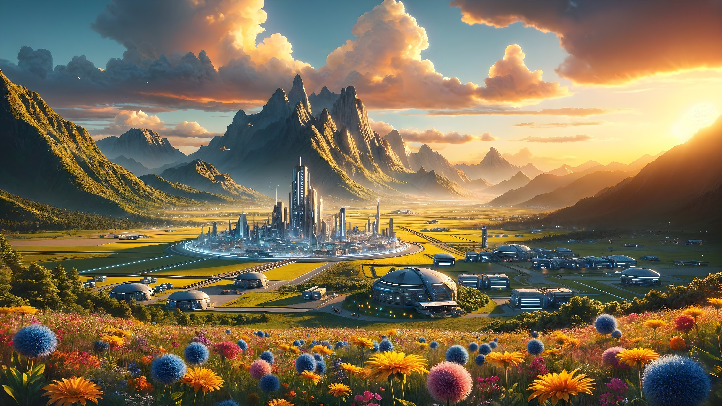 Futuristic Cityscape with Mountains and Vibrant Fields