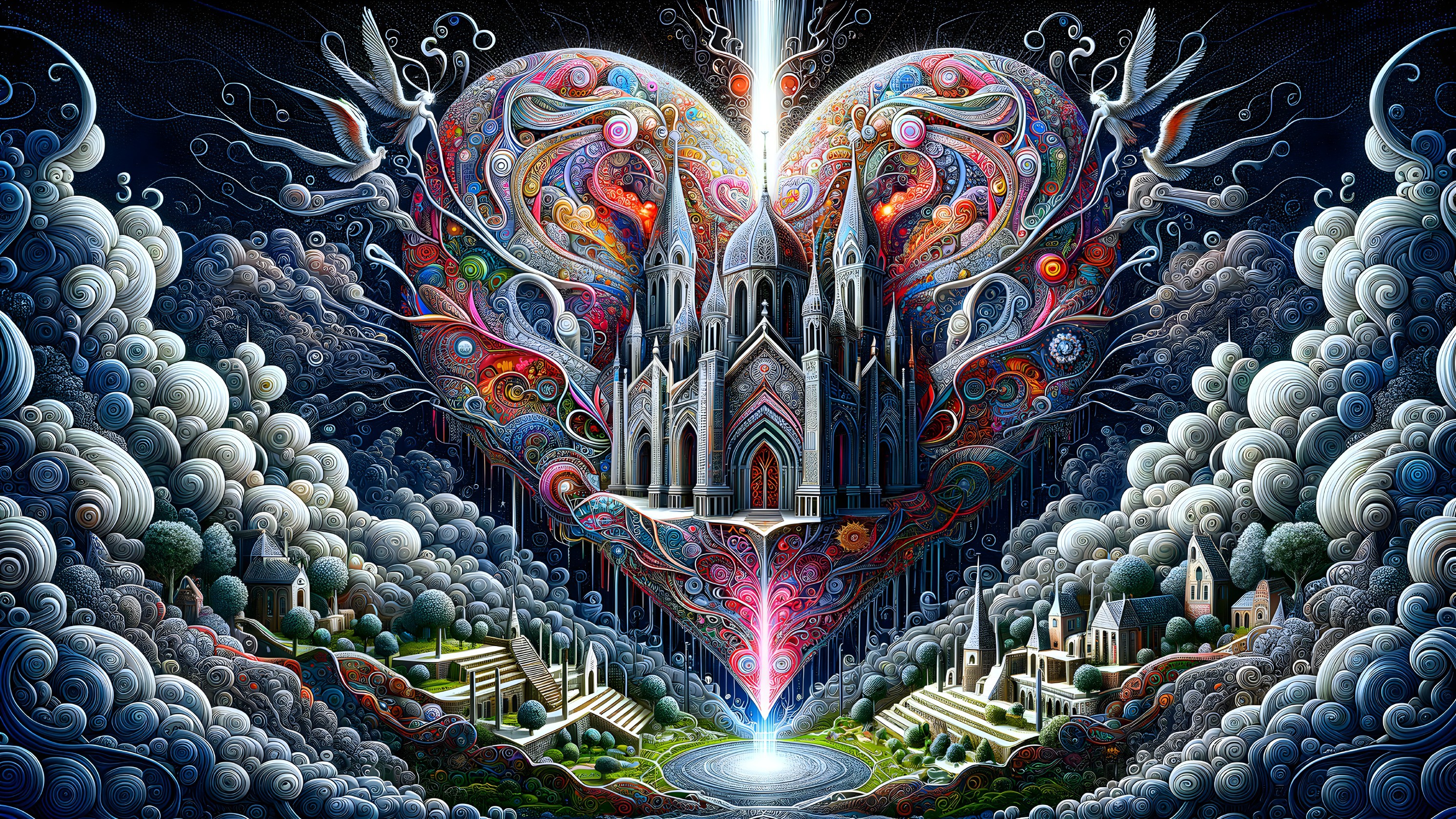 Surreal Landscape with Heart-Shaped Cathedral Design