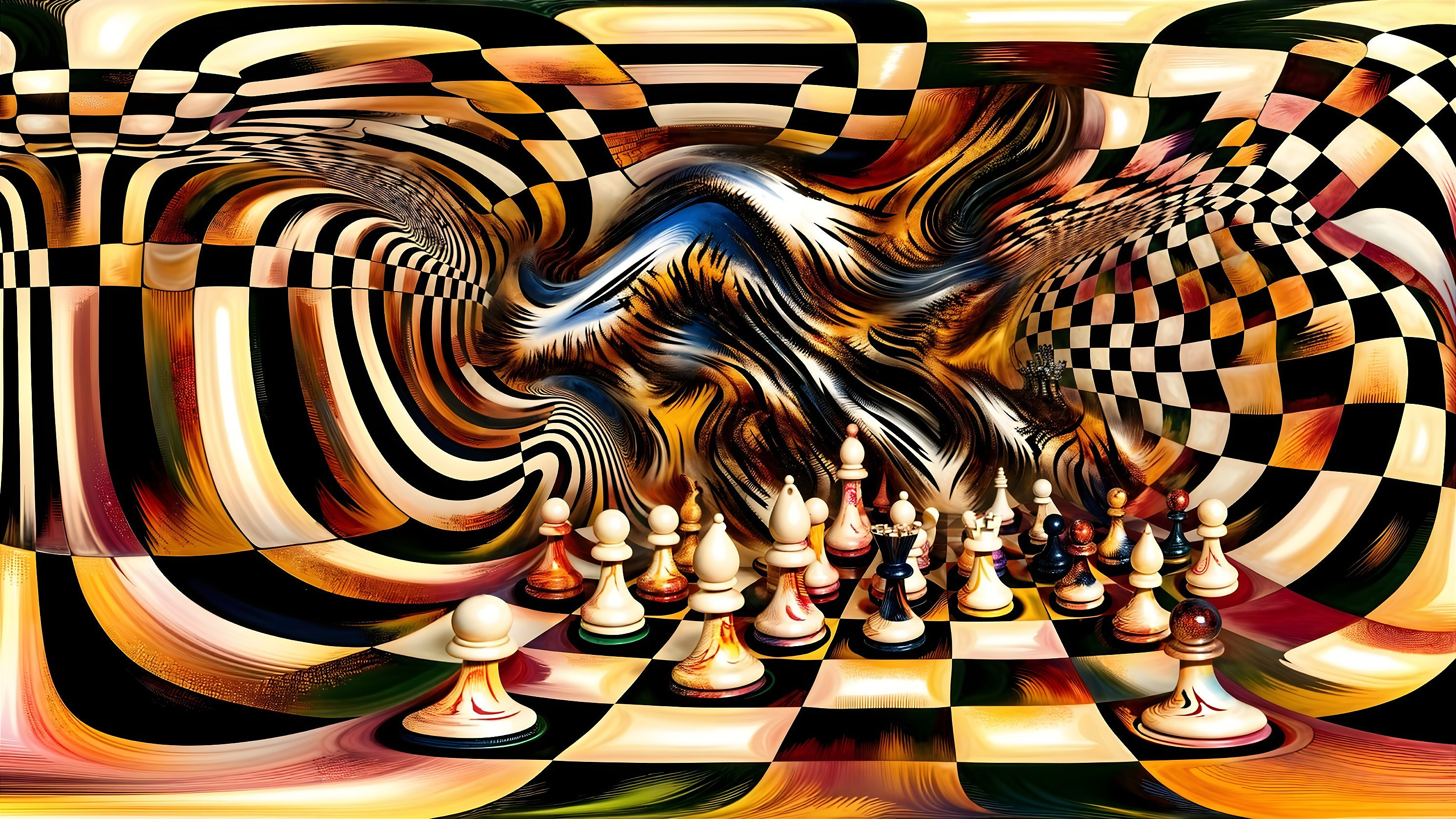 Abstract Chessboard with Vibrant Distorted Patterns