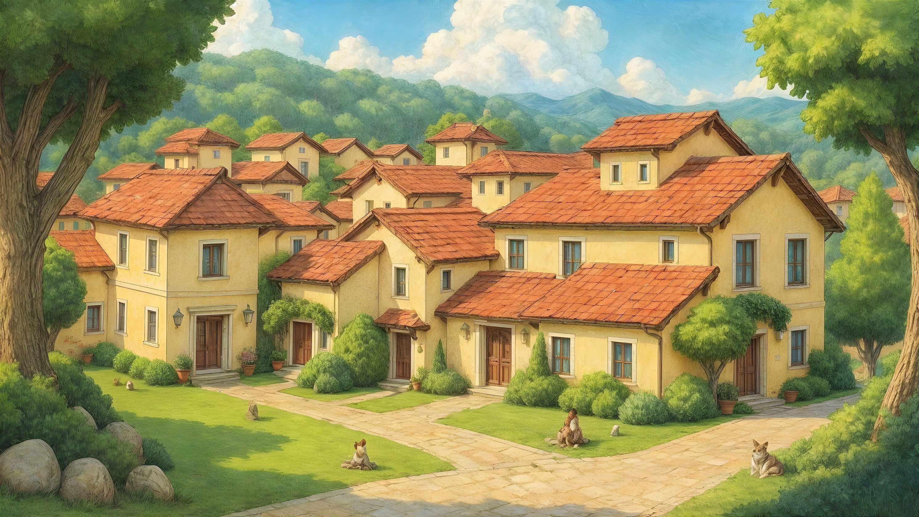 Charming Village Scene with Sunlit Houses and Gardens