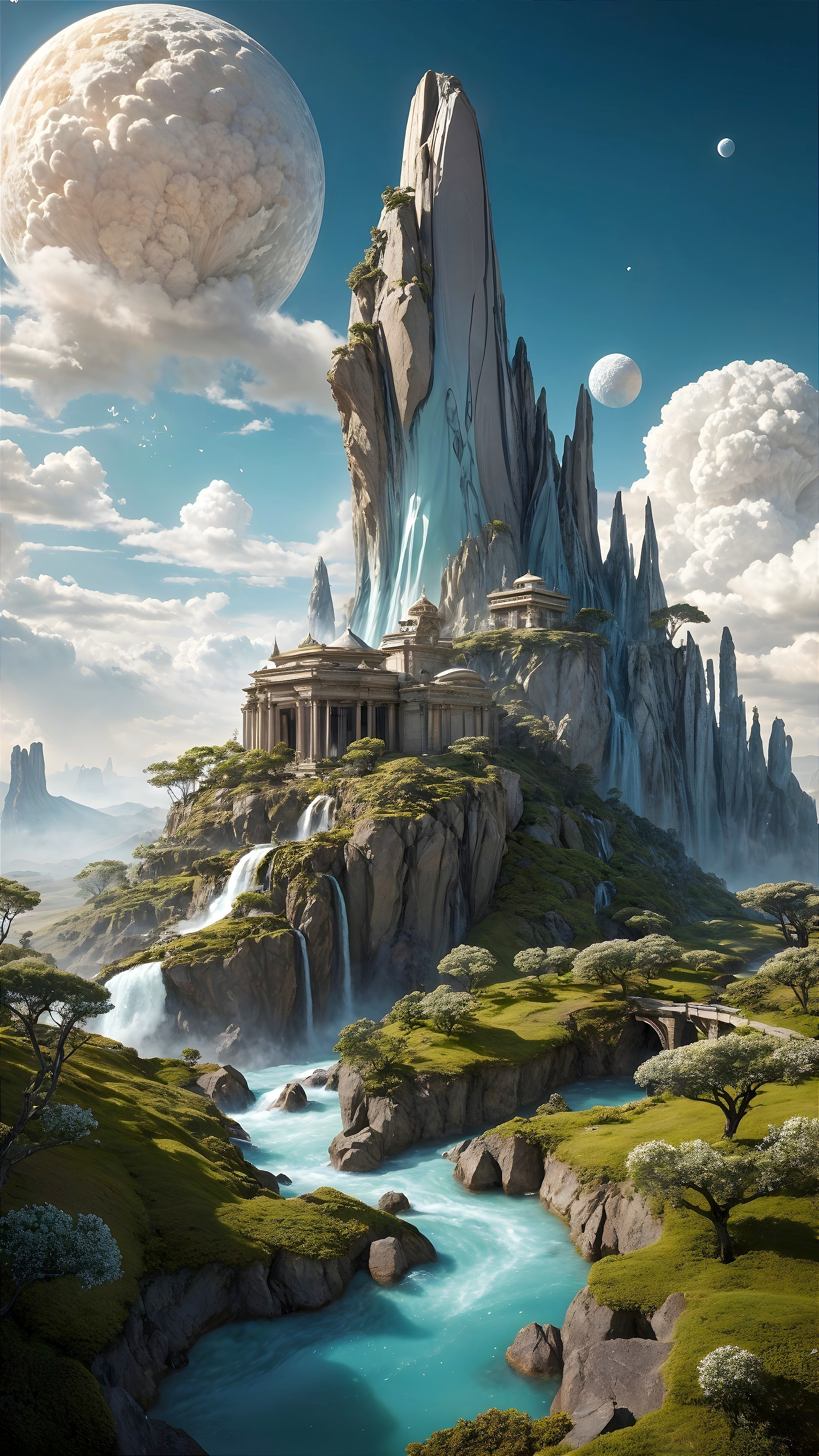 Majestic Fantasy Landscape with Mountains and Waterfalls