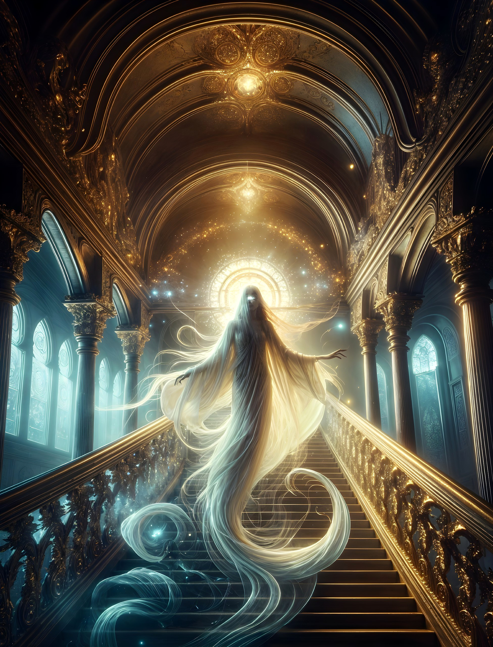 Ethereal Figure Descending Grand Staircase in Opulent Hall