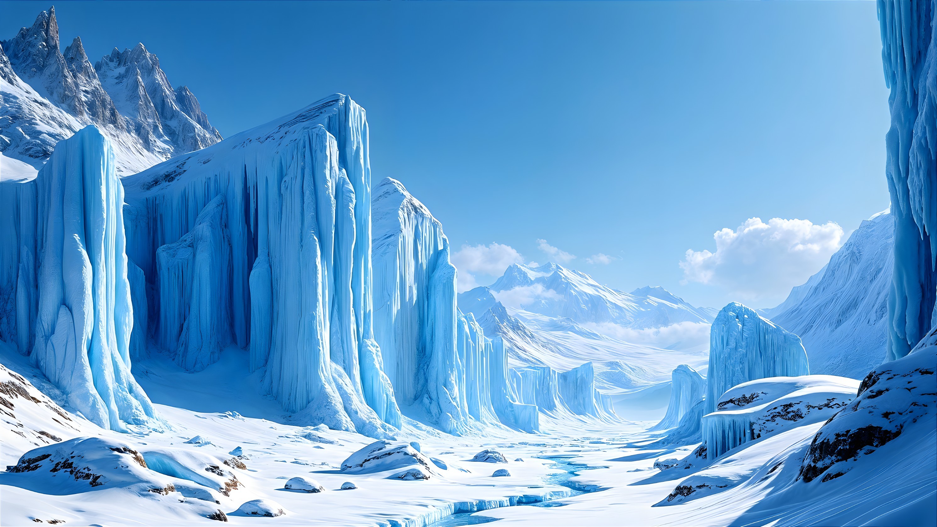 Icy Landscape with Glaciers and Snow-Covered Mountains