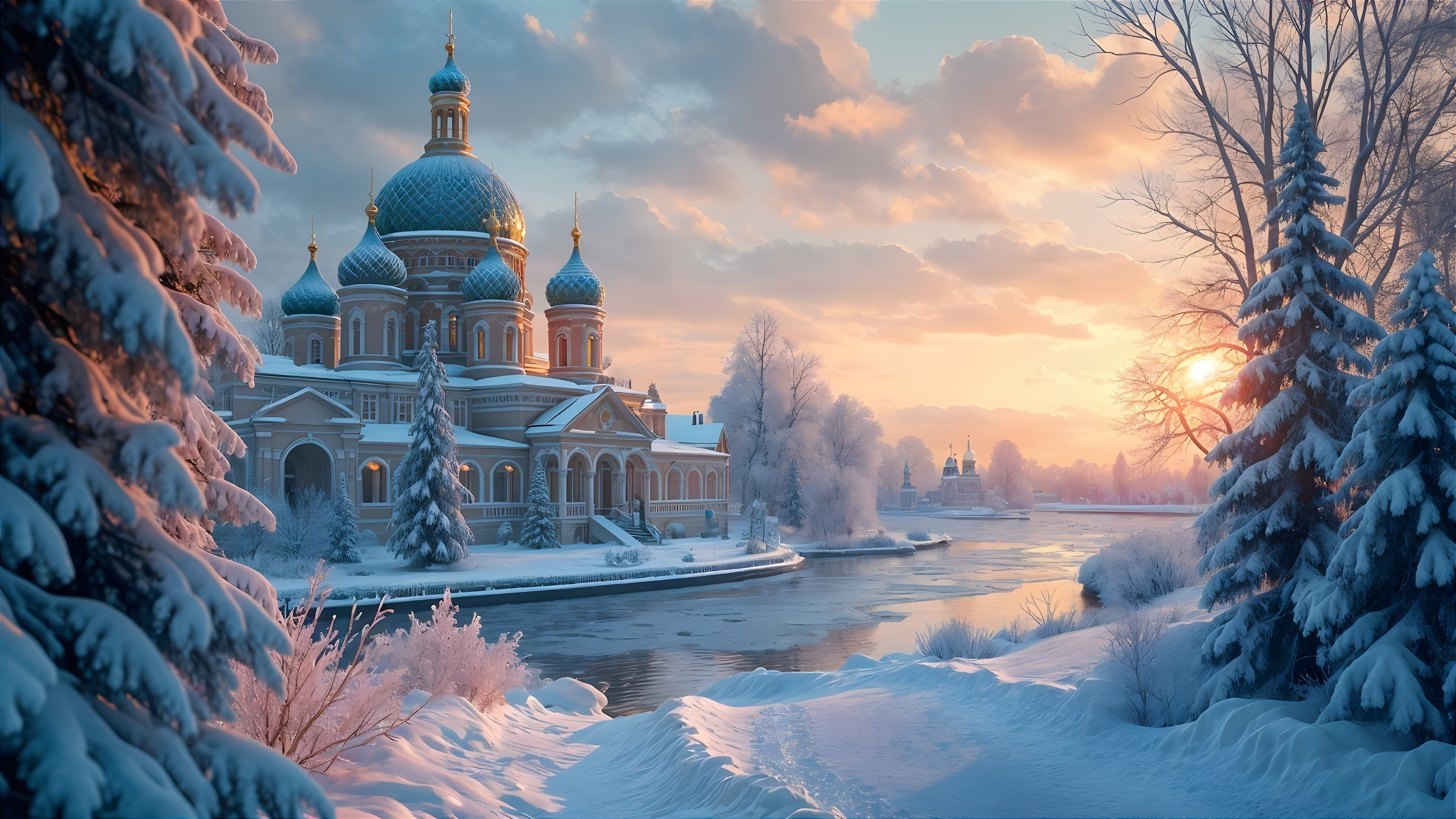 Serene Winter Landscape with Church and Sunset Reflection