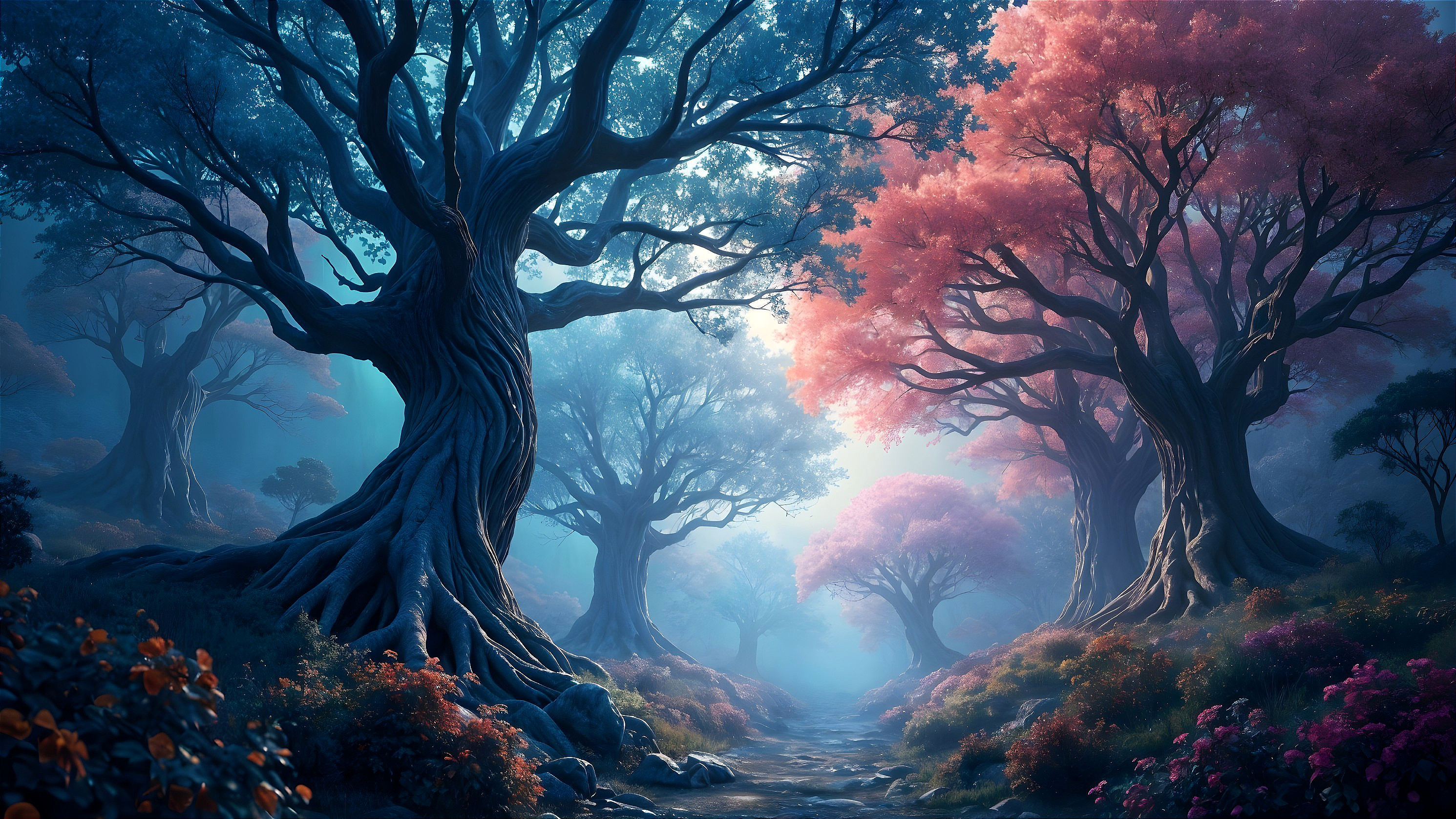 Mystical forest with towering trees and vibrant foliage