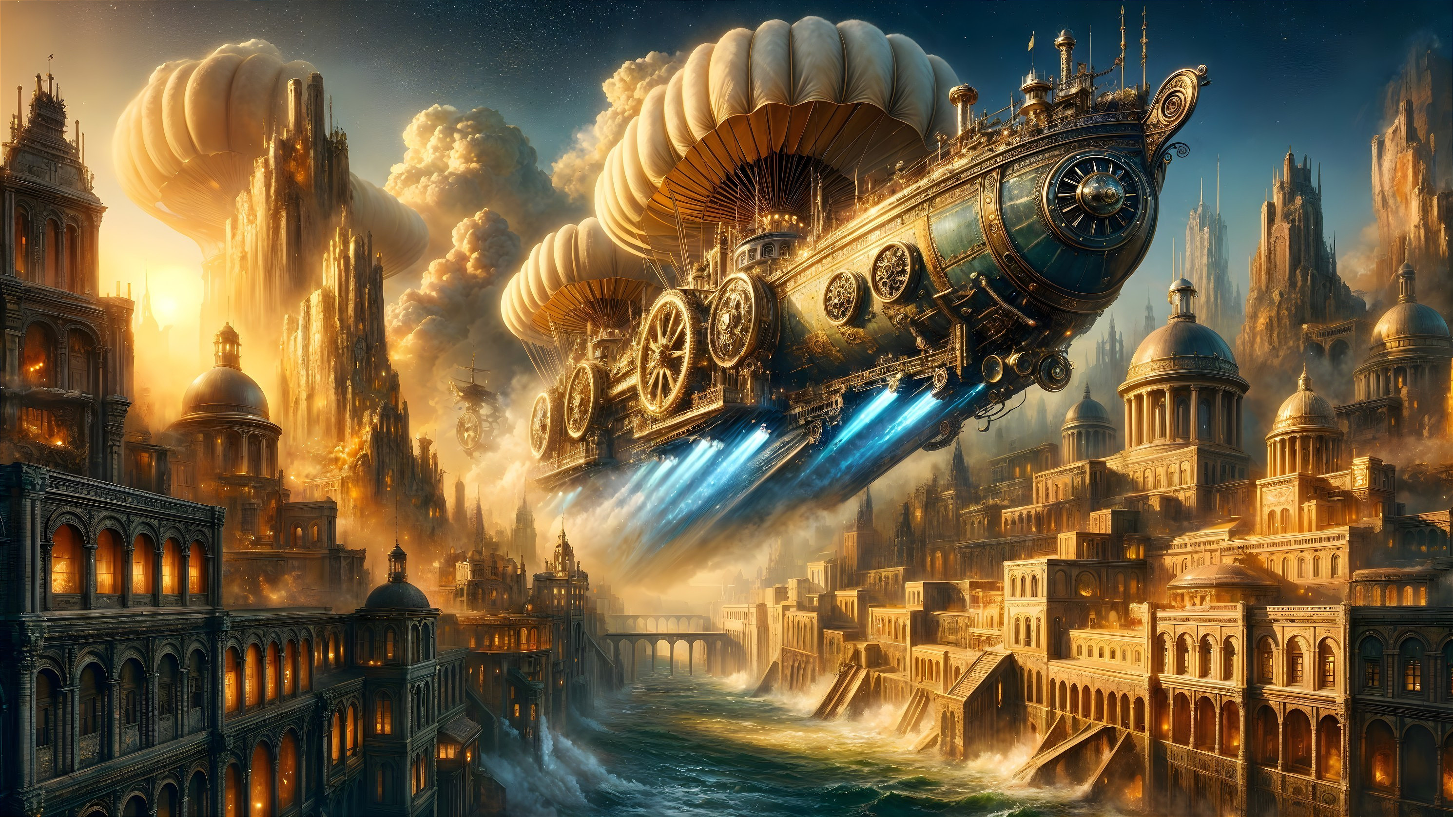 Steampunk Airship Over Cloudy Cityscape and Mountains