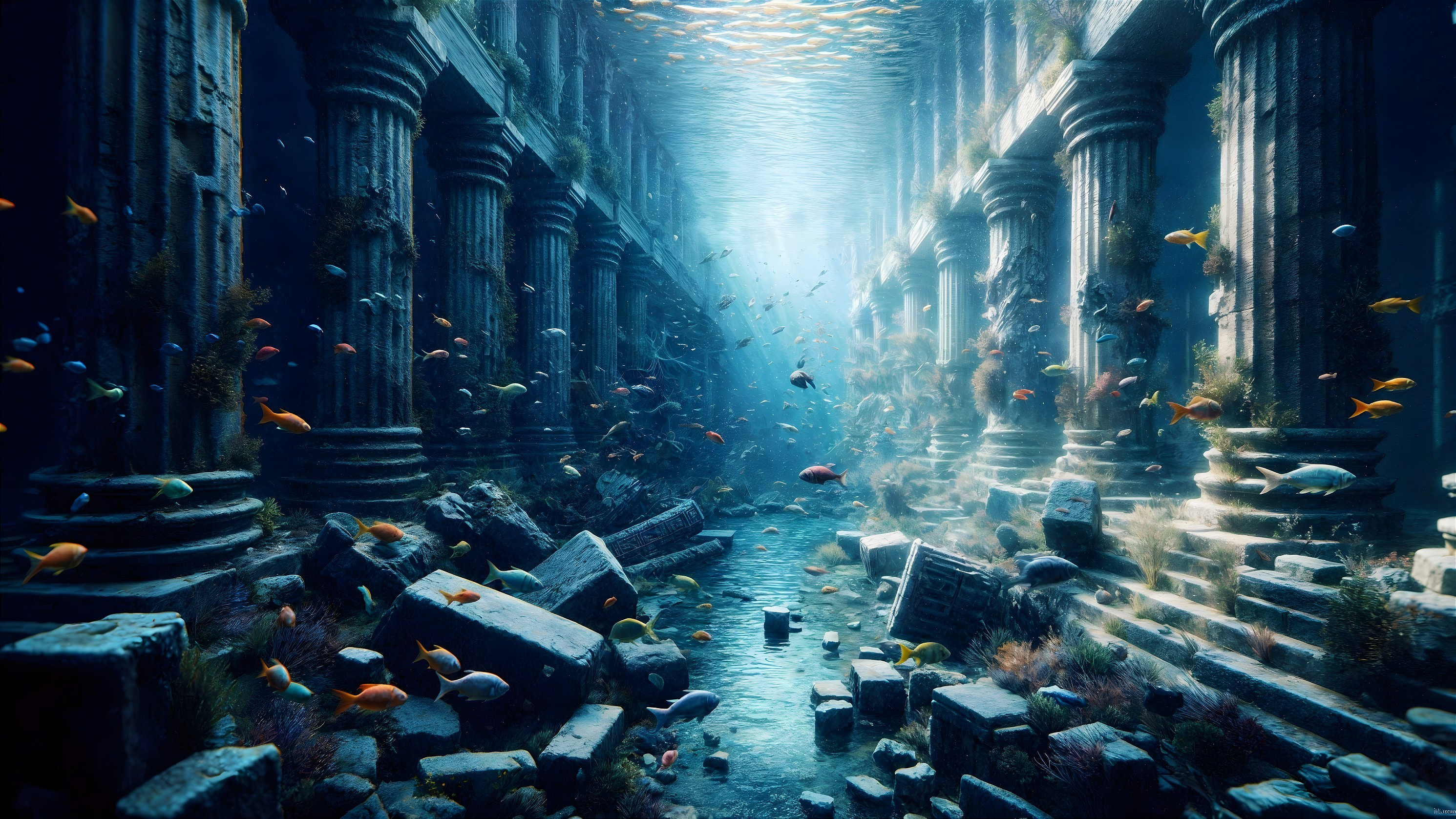 Ancient Underwater City with Vibrant Marine Life