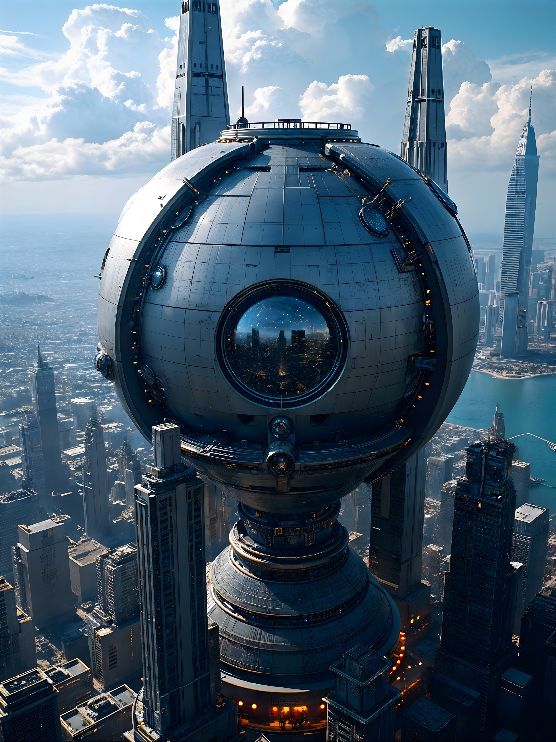 Futuristic Metallic Sphere in Urban Landscape