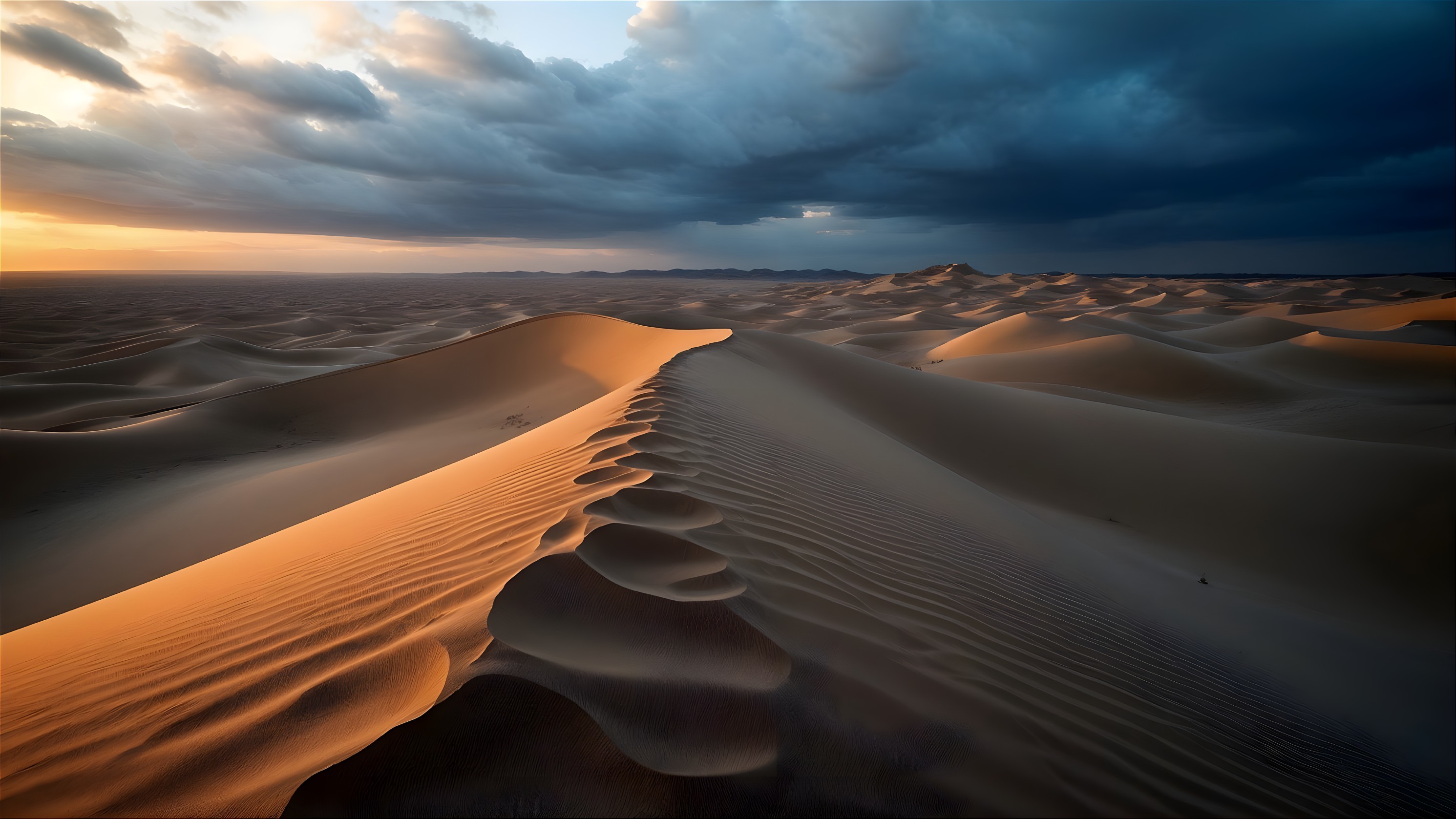 Expansive Desert Landscape at Dusk with Sand Dunes
