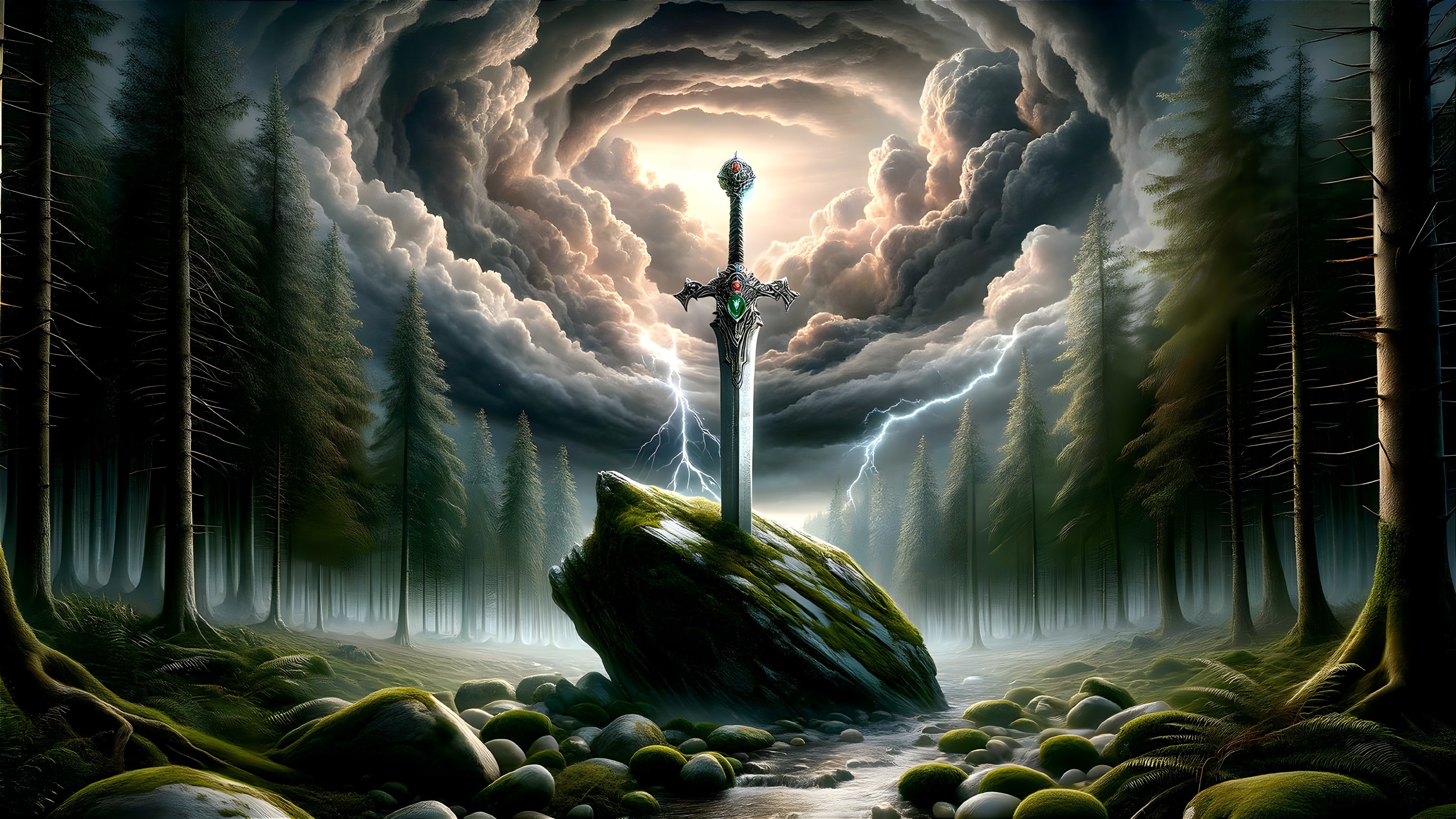 Mystical Sword Embedded in Stone in Forest Setting