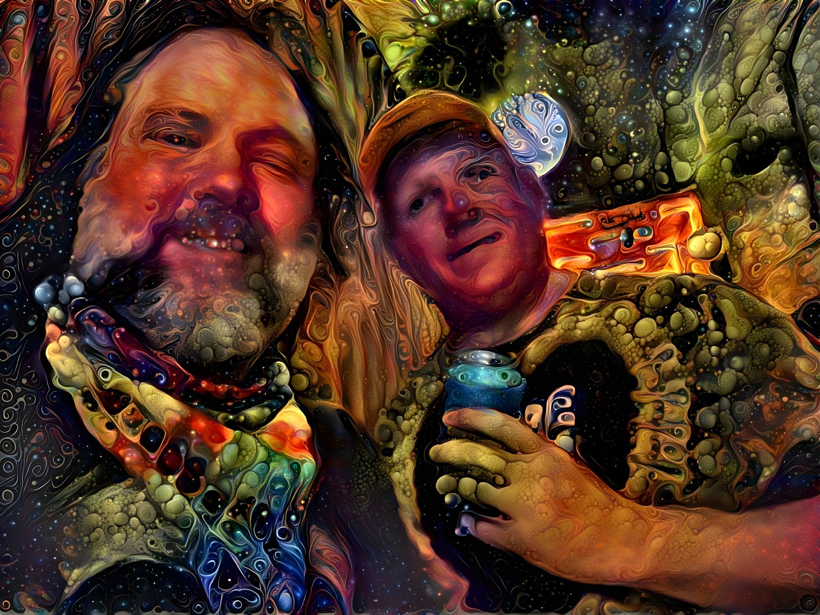 Vibrant Abstract Selfie of Two Men in Cosmic Background