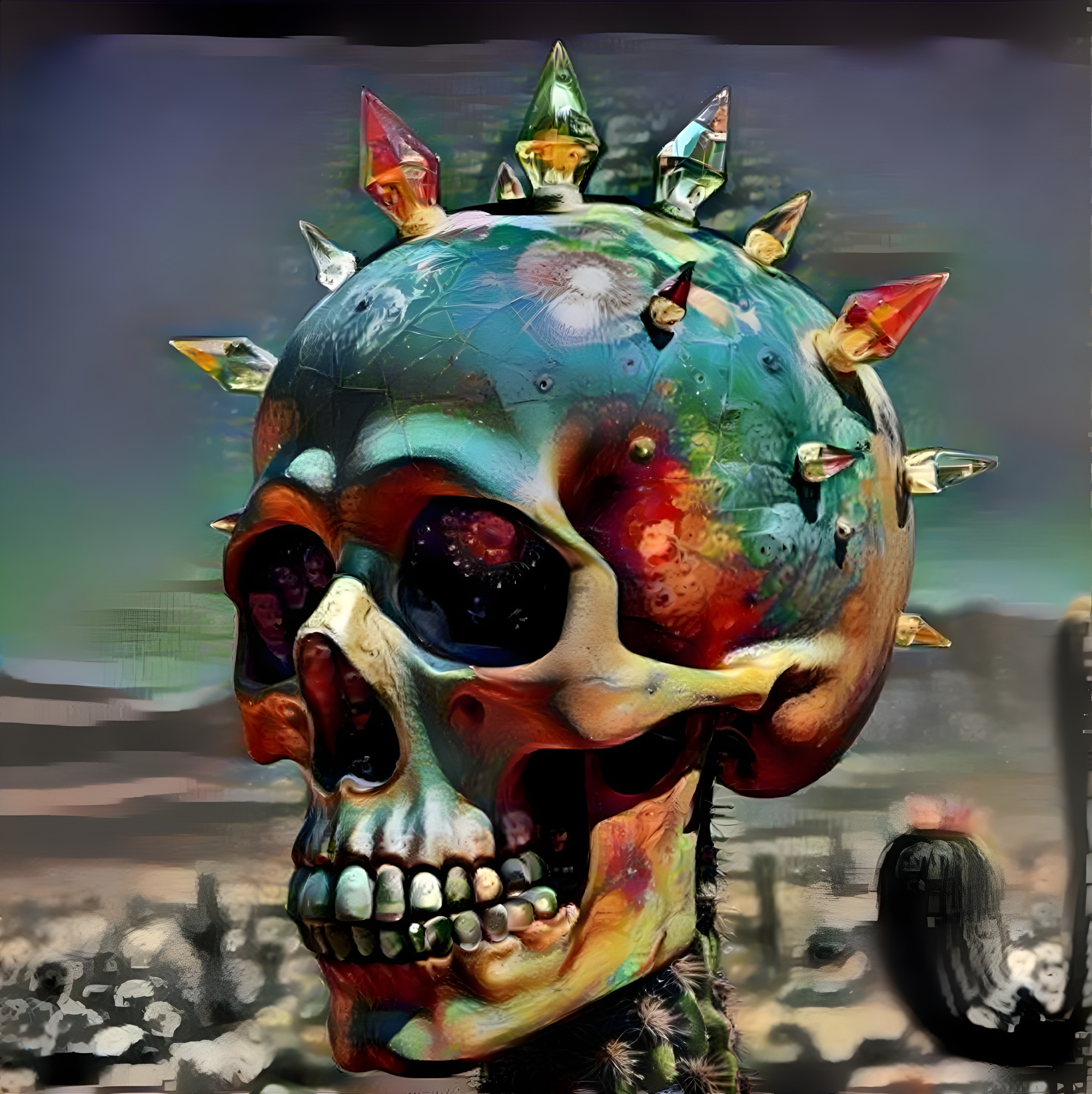 Surreal Skull with Colorful Crystals in Desert Landscape