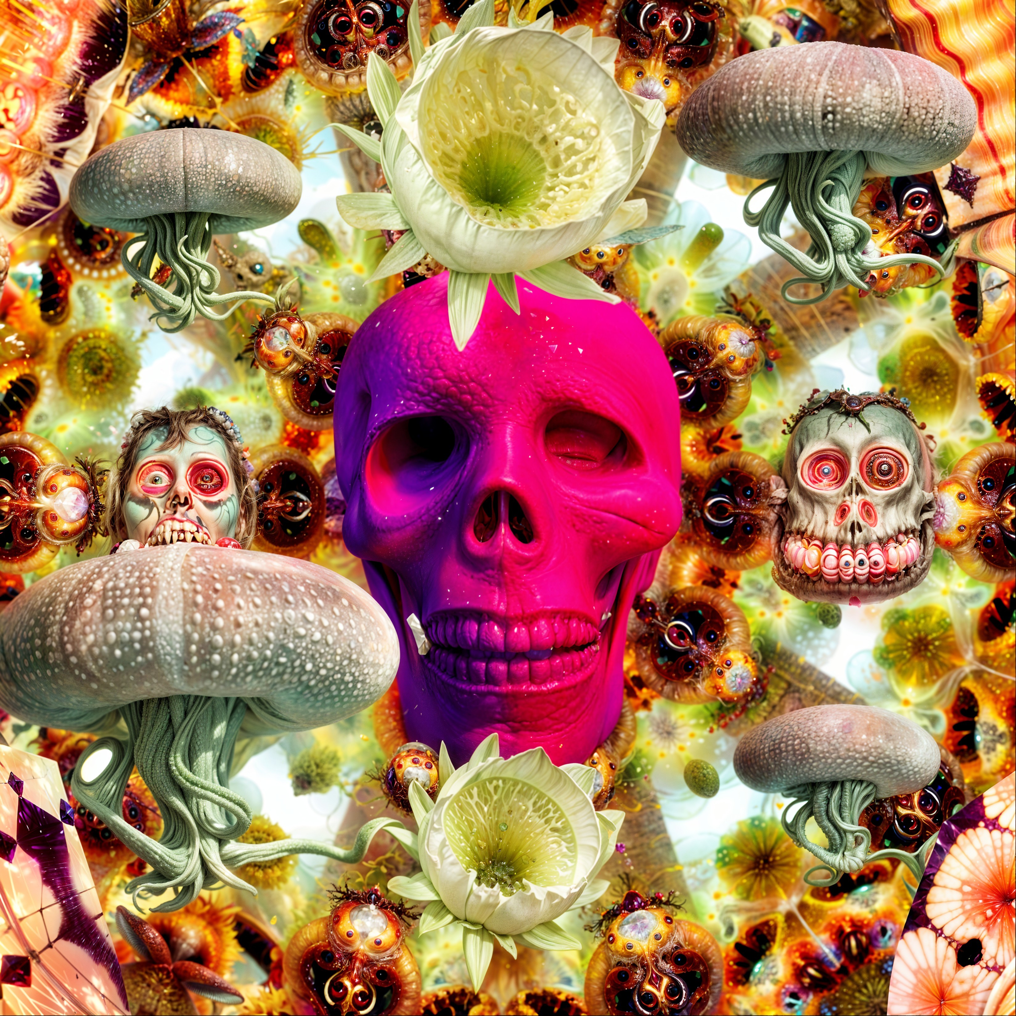 Vibrant Pink Skull Surrounded by Surreal Elements