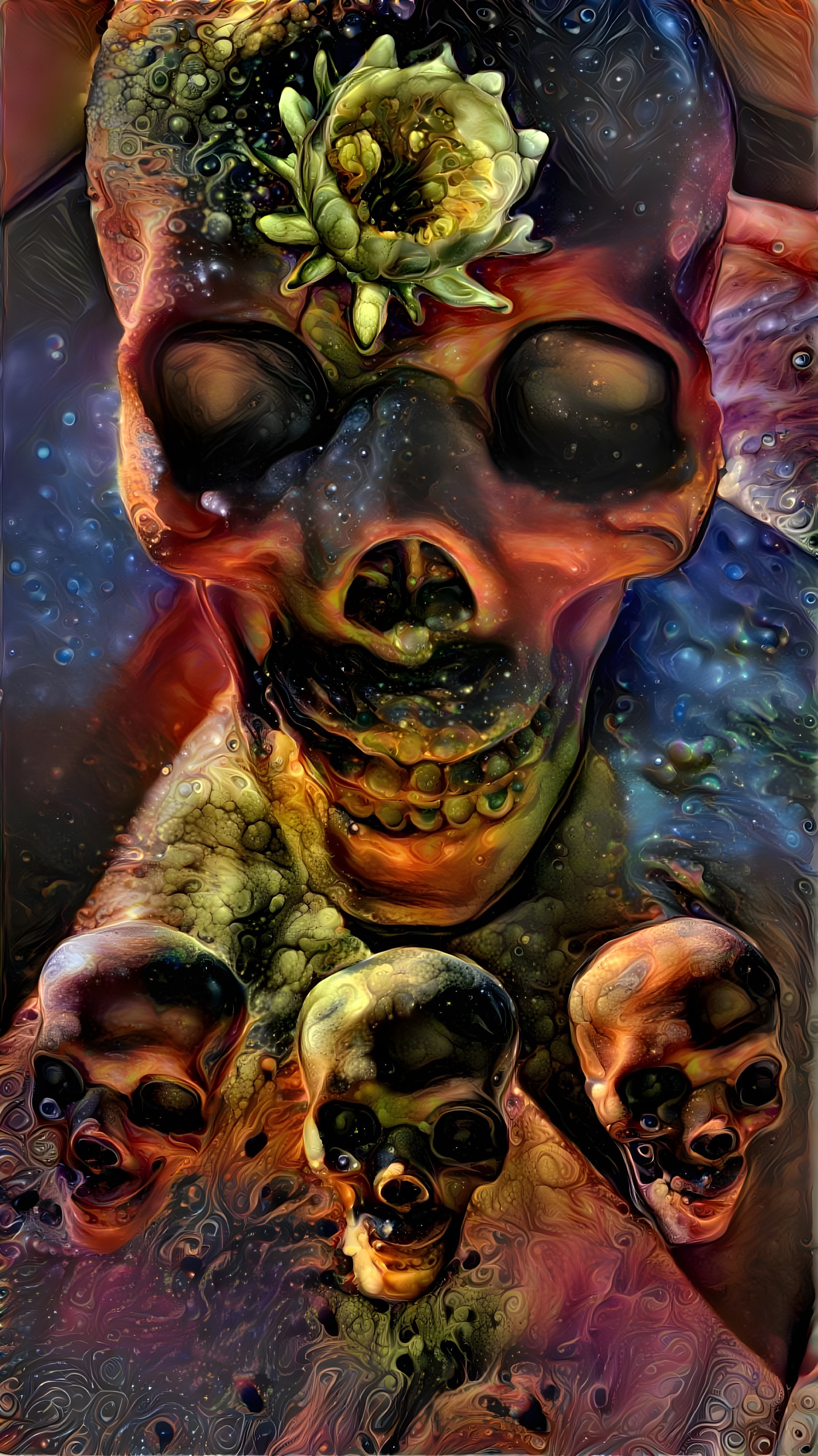 Surreal Composition of Skulls with Lotus and Cosmic Background
