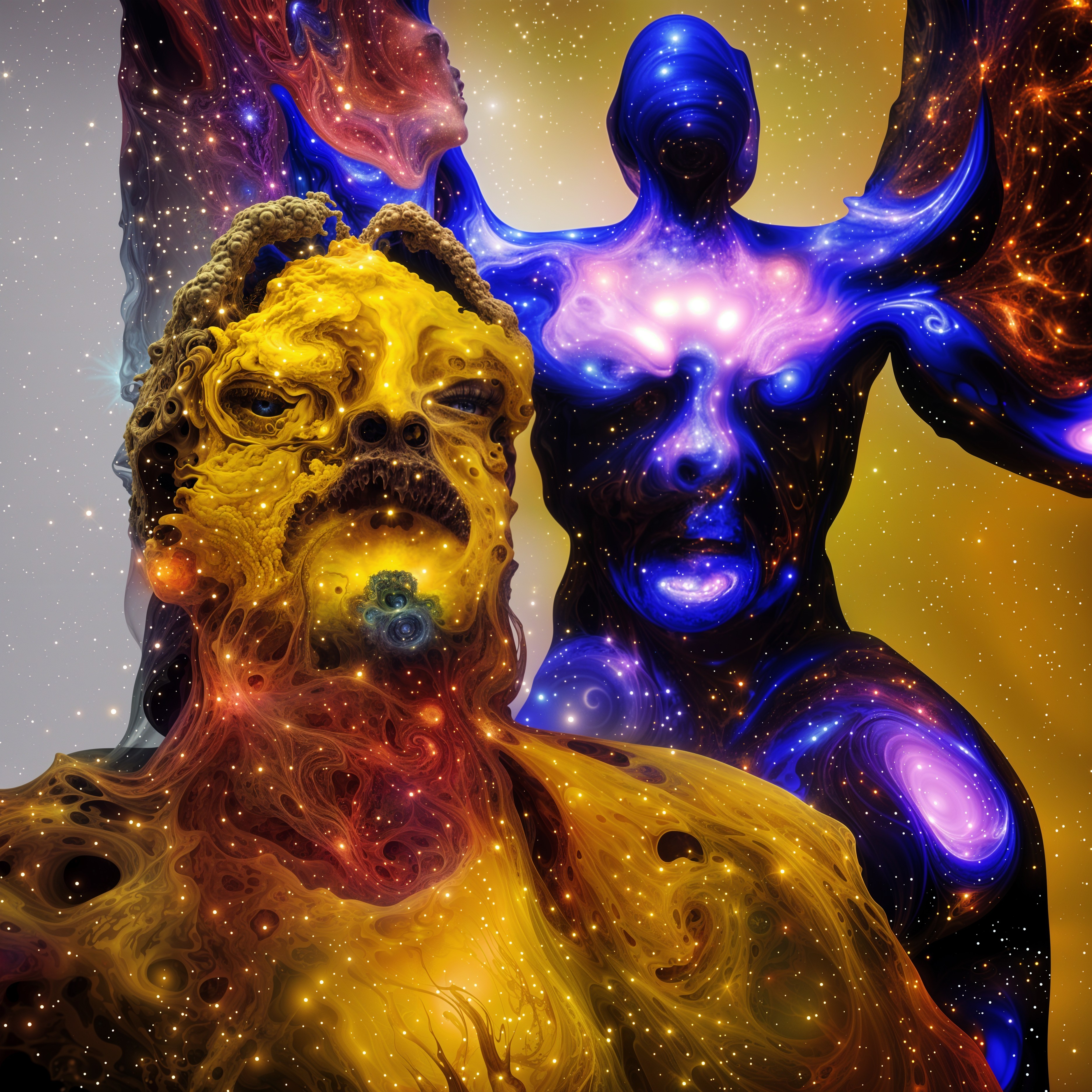 Surreal Figures Intertwined with Cosmic Elements