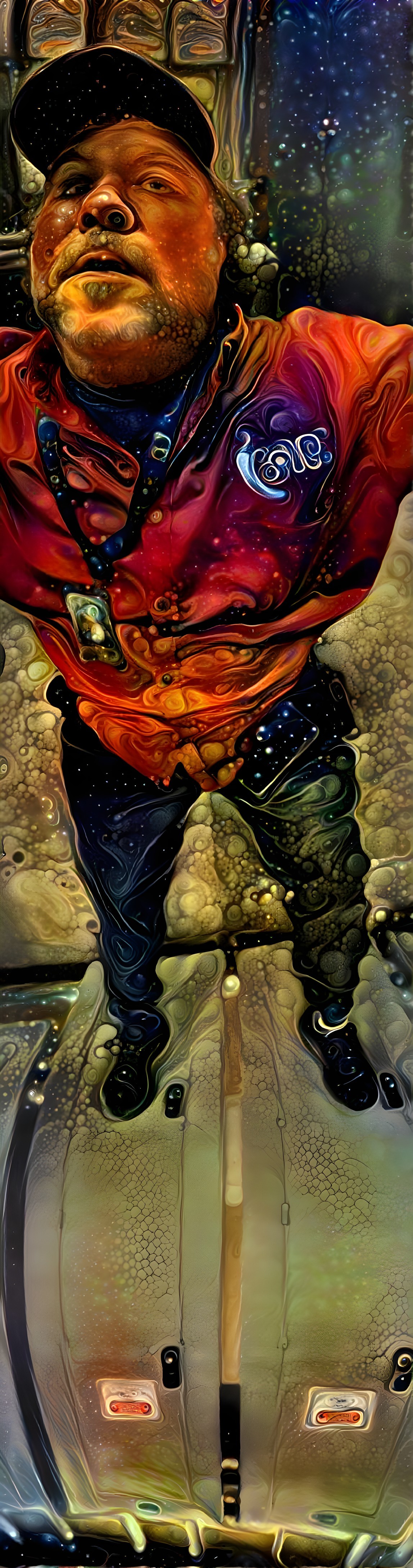 Person in Red Jacket in Abstract Reflective Setting