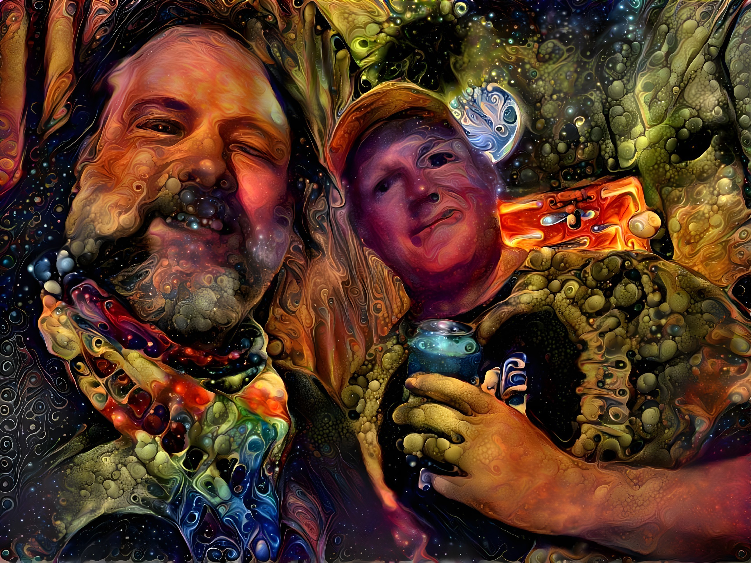 Friends Smiling in Colorful Cosmic Background