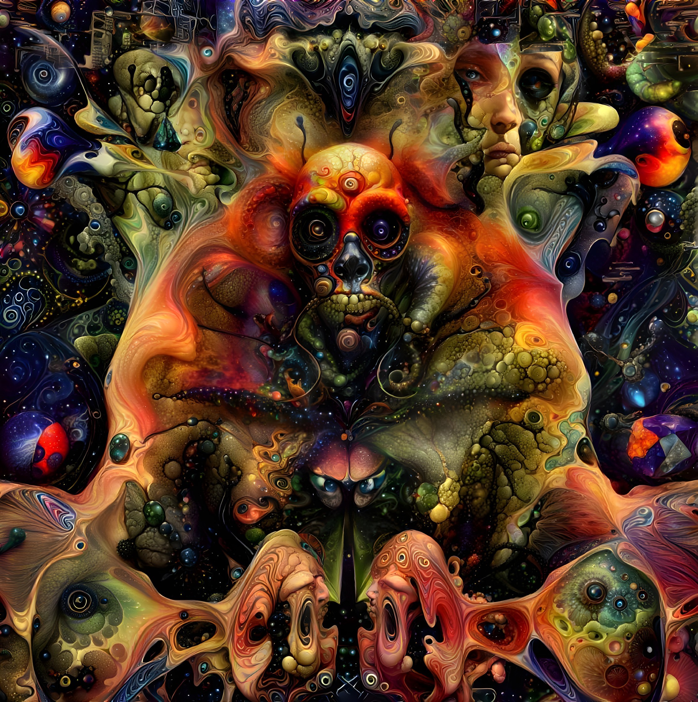Vibrant Surreal Artwork with Skull and Abstract Forms