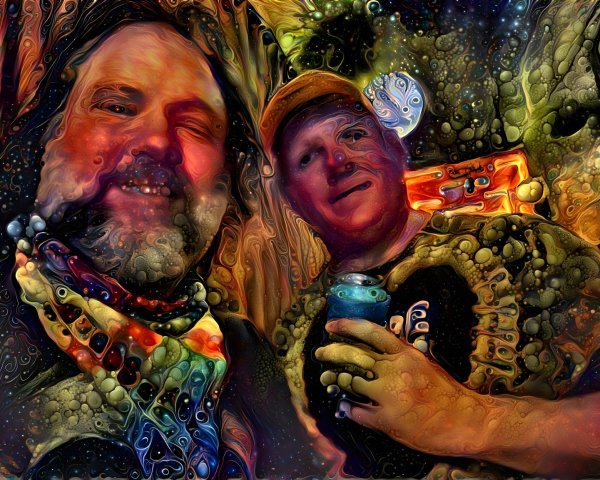 Vibrant Abstract Selfie of Two Men in Cosmic Background