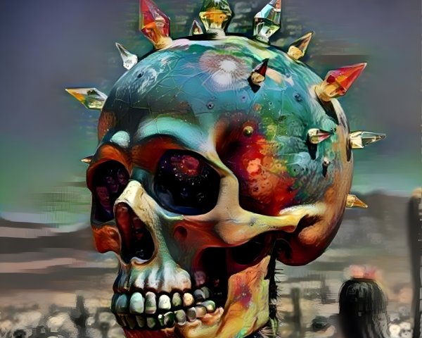 Surreal Skull with Colorful Crystals in Desert Landscape