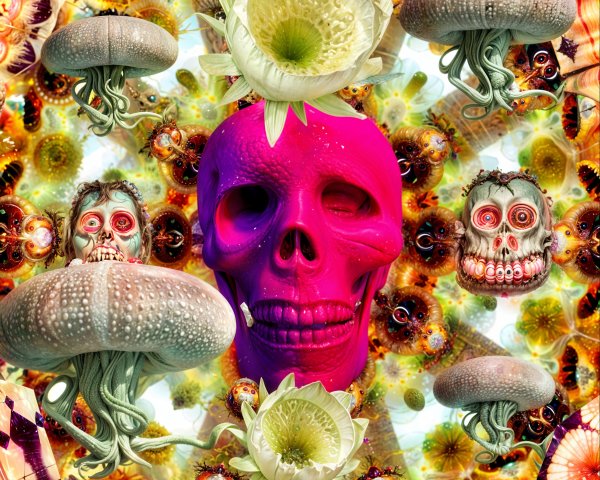 Vibrant Pink Skull Surrounded by Surreal Elements