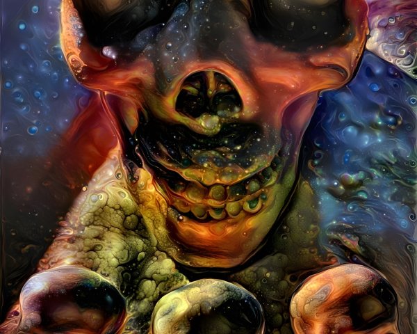 Surreal Composition of Skulls with Lotus and Cosmic Background