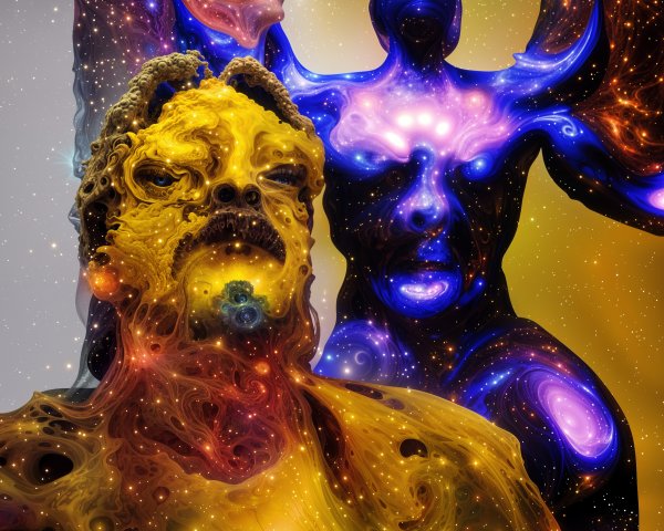 Surreal Figures Intertwined with Cosmic Elements