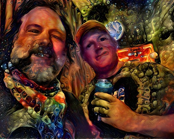 Friends Smiling in Colorful Cosmic Background