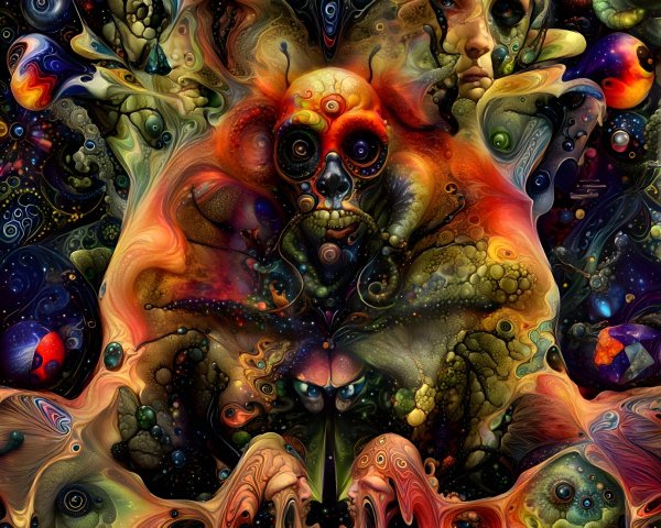 Vibrant Surreal Artwork with Skull and Abstract Forms