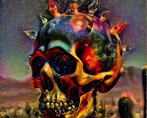 Vibrant Skull Artwork with Cosmic and Desert Themes