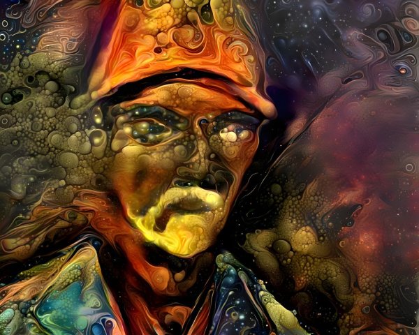 Abstract Colorful Portrait with Unique Hat and Cosmic Background