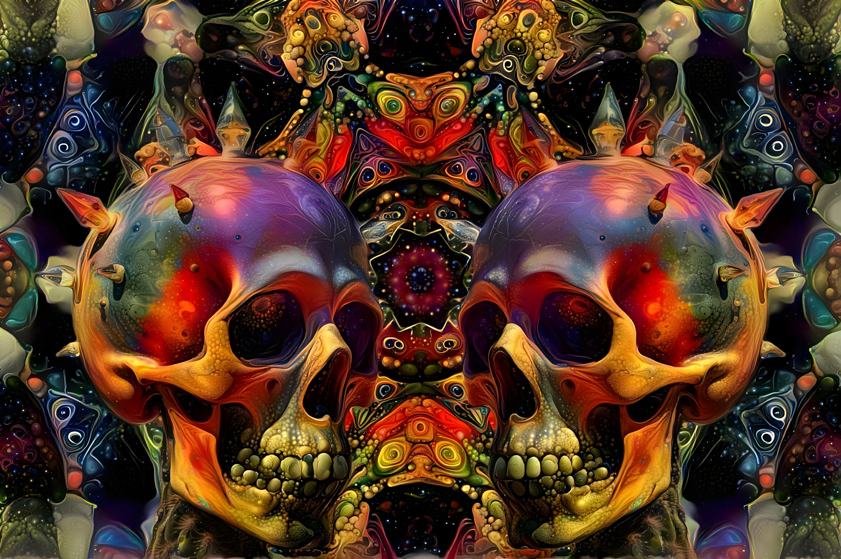Vividly Colored Skulls with Psychedelic Background
