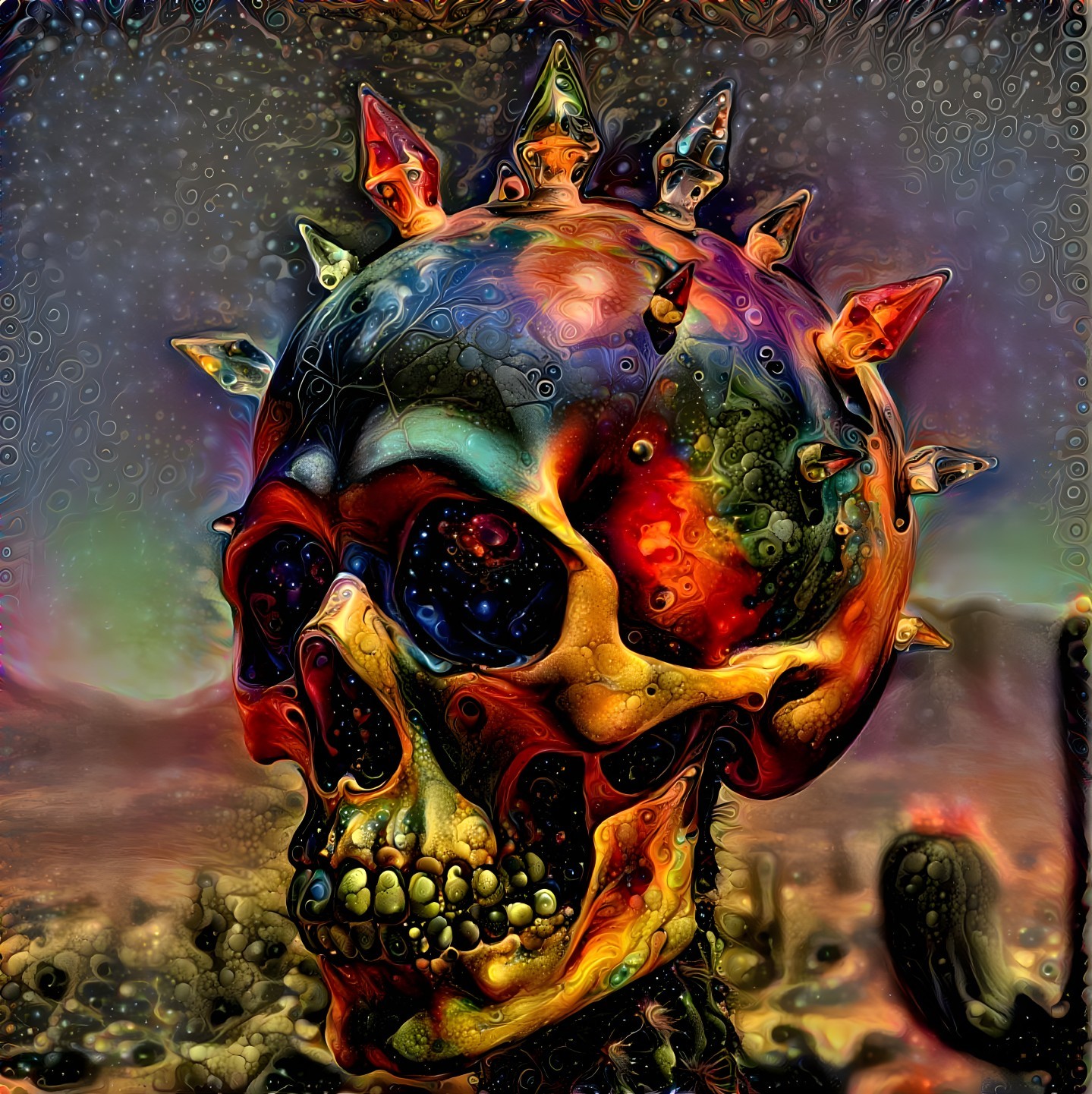 Vibrant Skull Artwork with Cosmic and Desert Themes