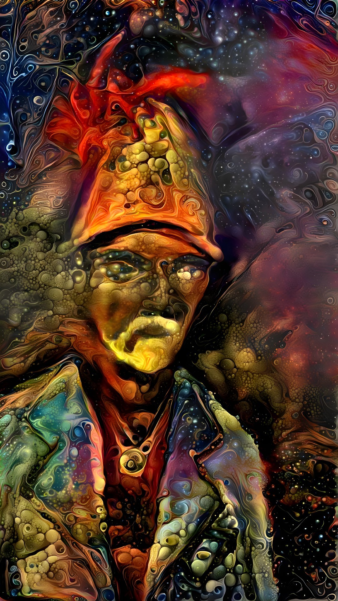 Abstract Colorful Portrait with Unique Hat and Cosmic Background