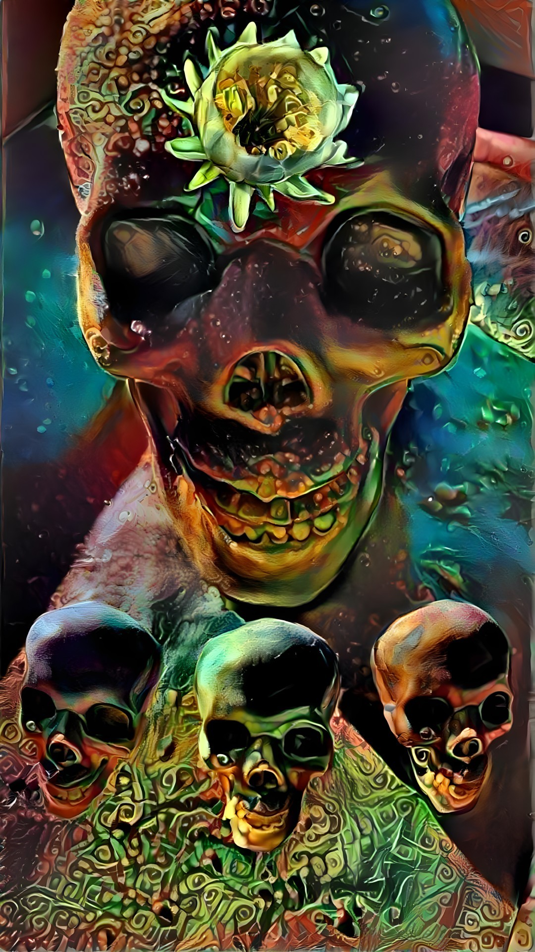 Surreal Skull with Flower and Colorful Background