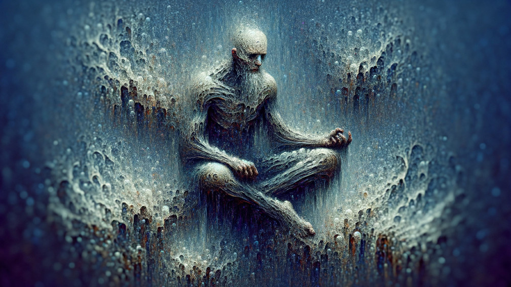 Surreal Figure in Meditative Pose Amidst Textured Waves