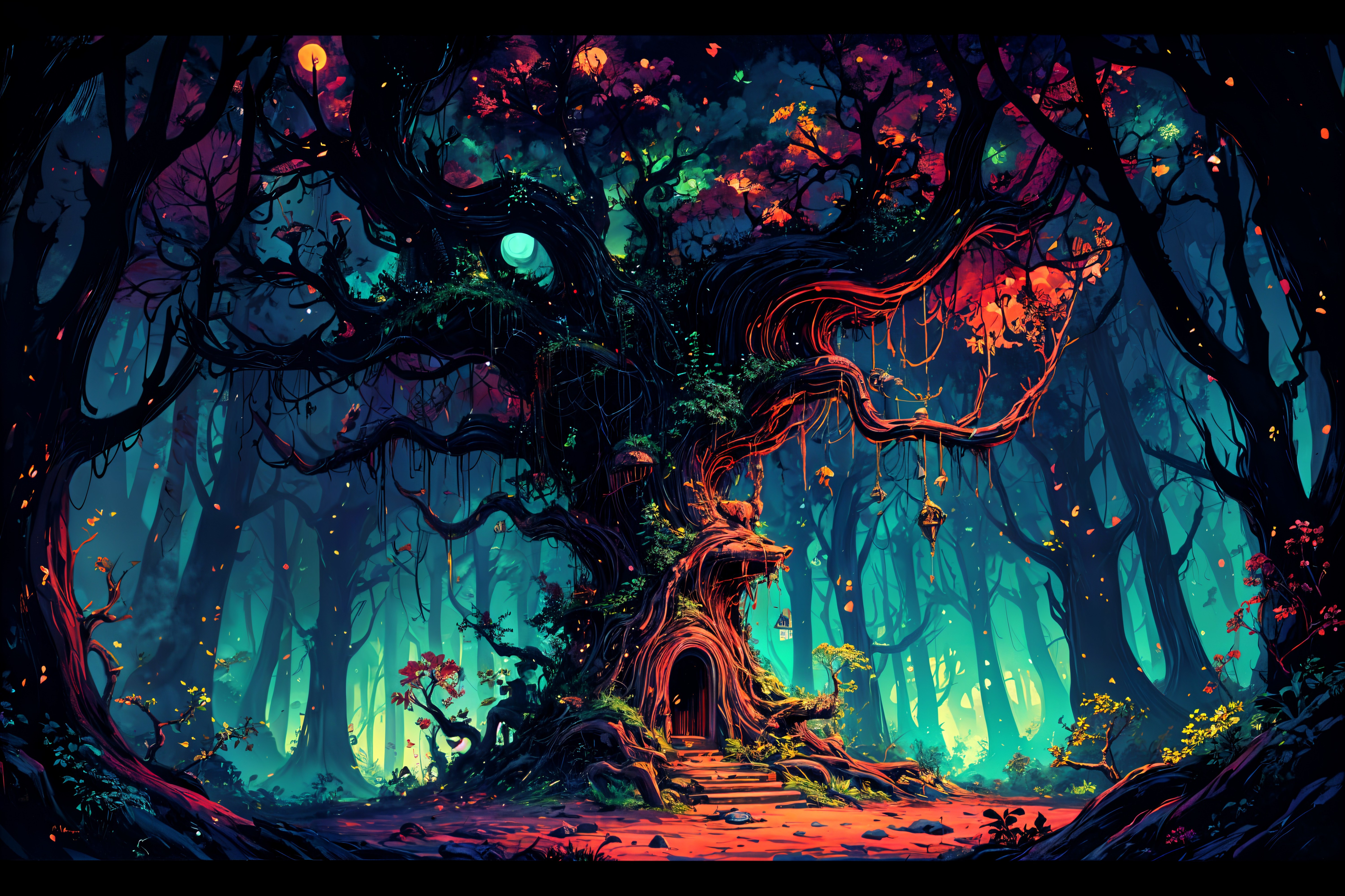 Ancient Tree in Mystical Forest with Enchanted Features