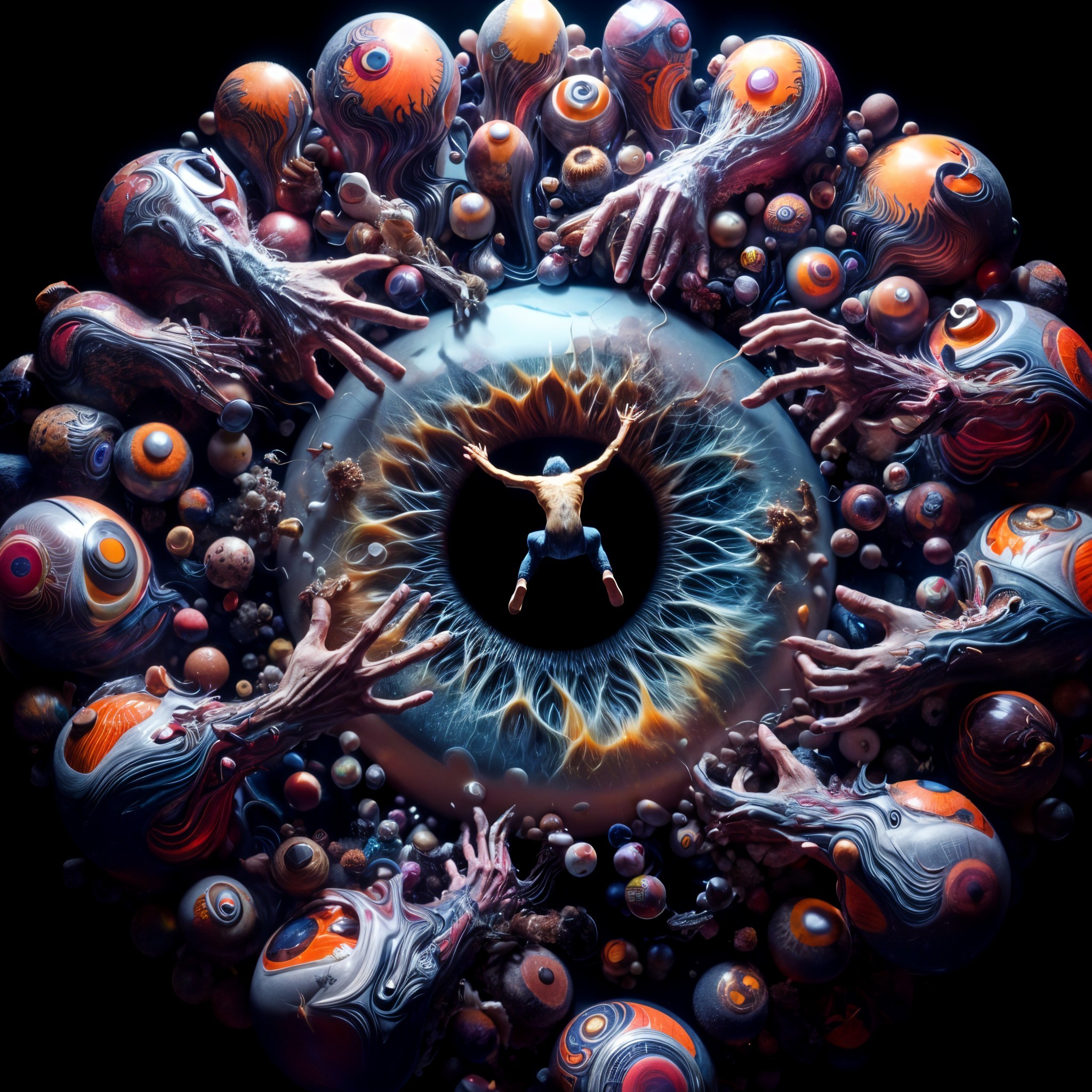 Surreal Composition with Central Eye and Colorful Orbs