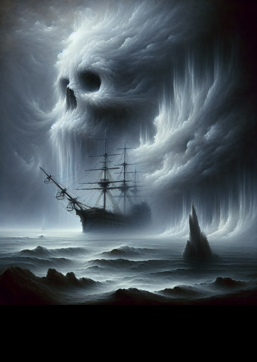 Ghostly Ship in Ominous Waters with Skull Clouds
