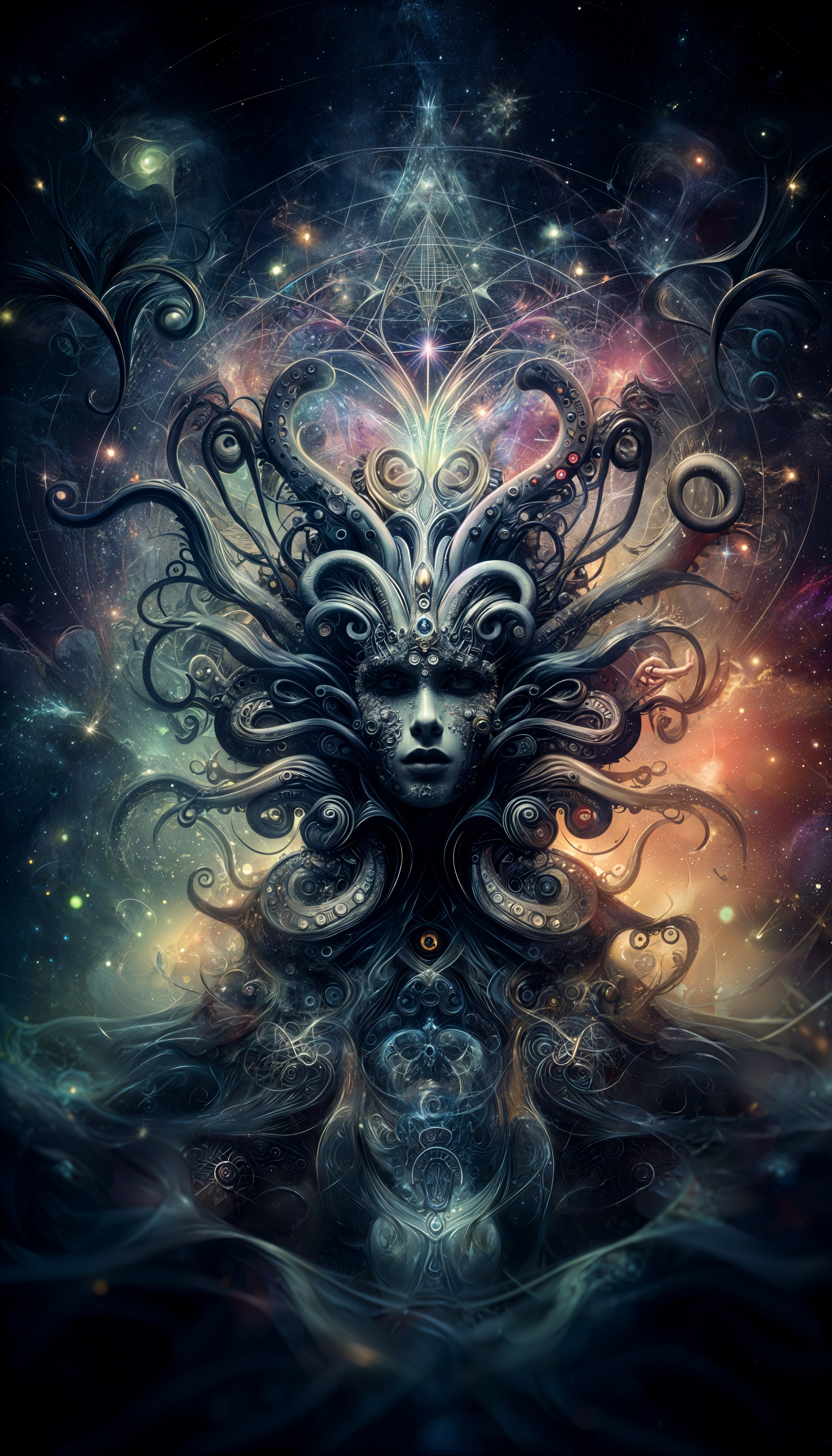Surreal Cosmic Figure with Abstract Patterns and Colors