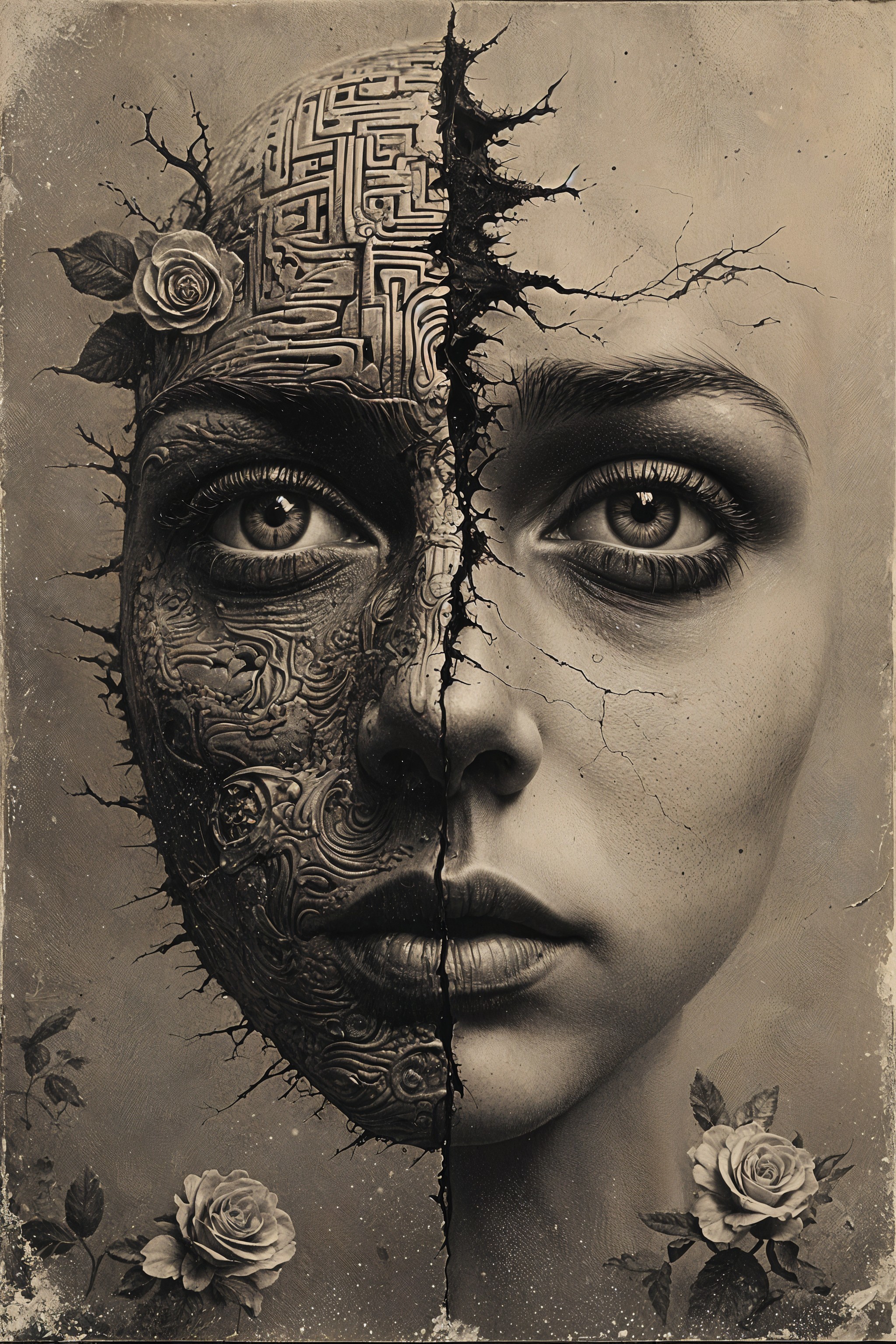 Surreal Portrait of Technology and Humanity Divided