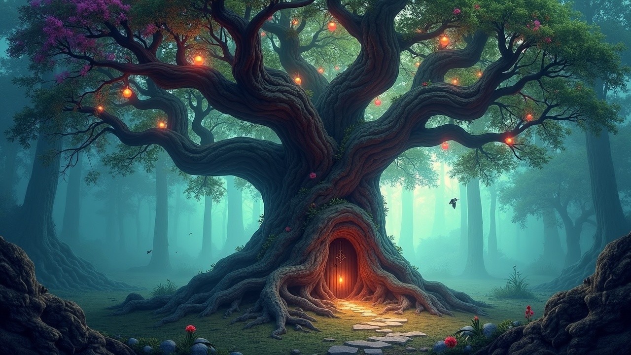 Ancient Tree with Glowing Orbs in Mystical Forest