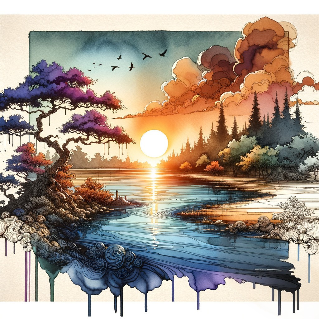 Vibrant Watercolor Landscape with Tranquil River