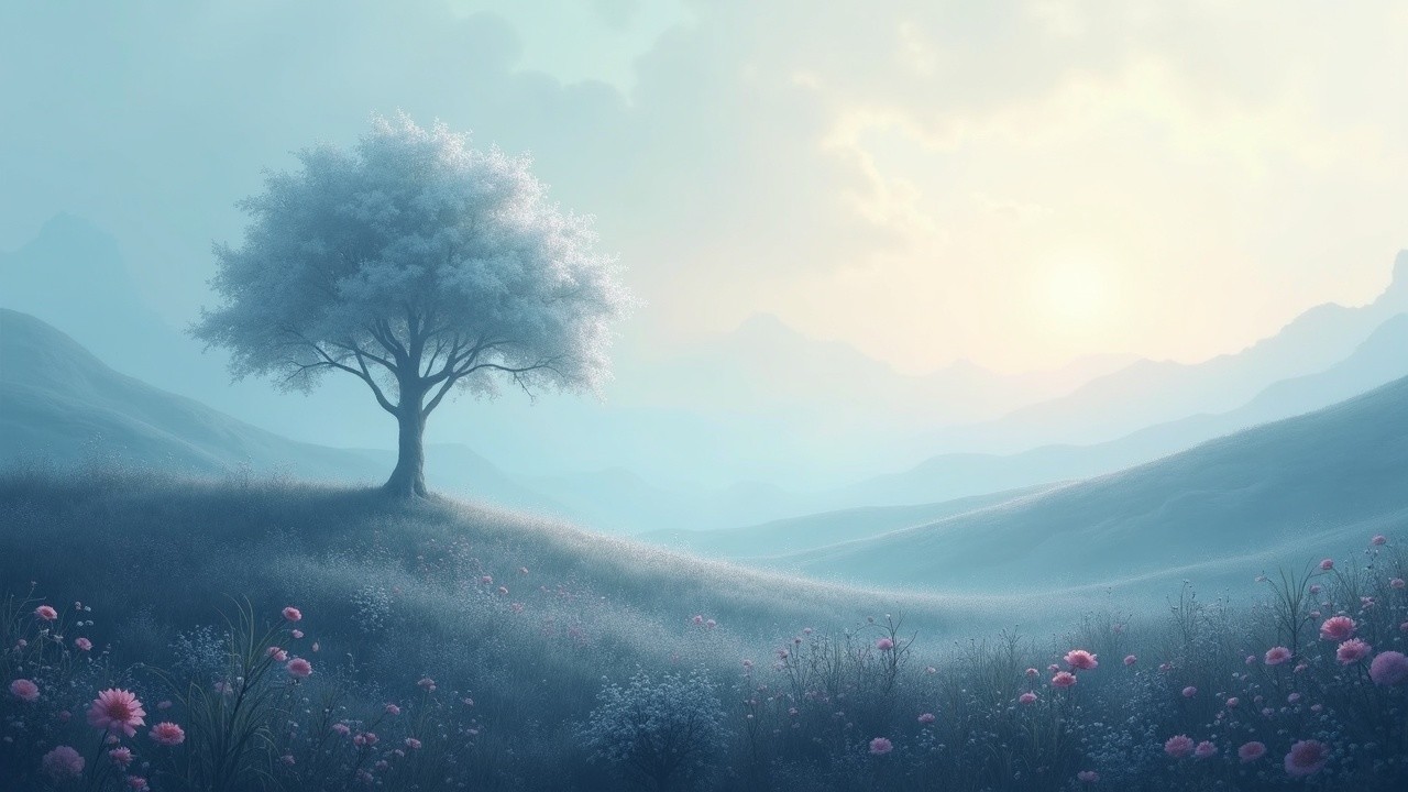 Solitary Tree on Rolling Hills with Ethereal Light